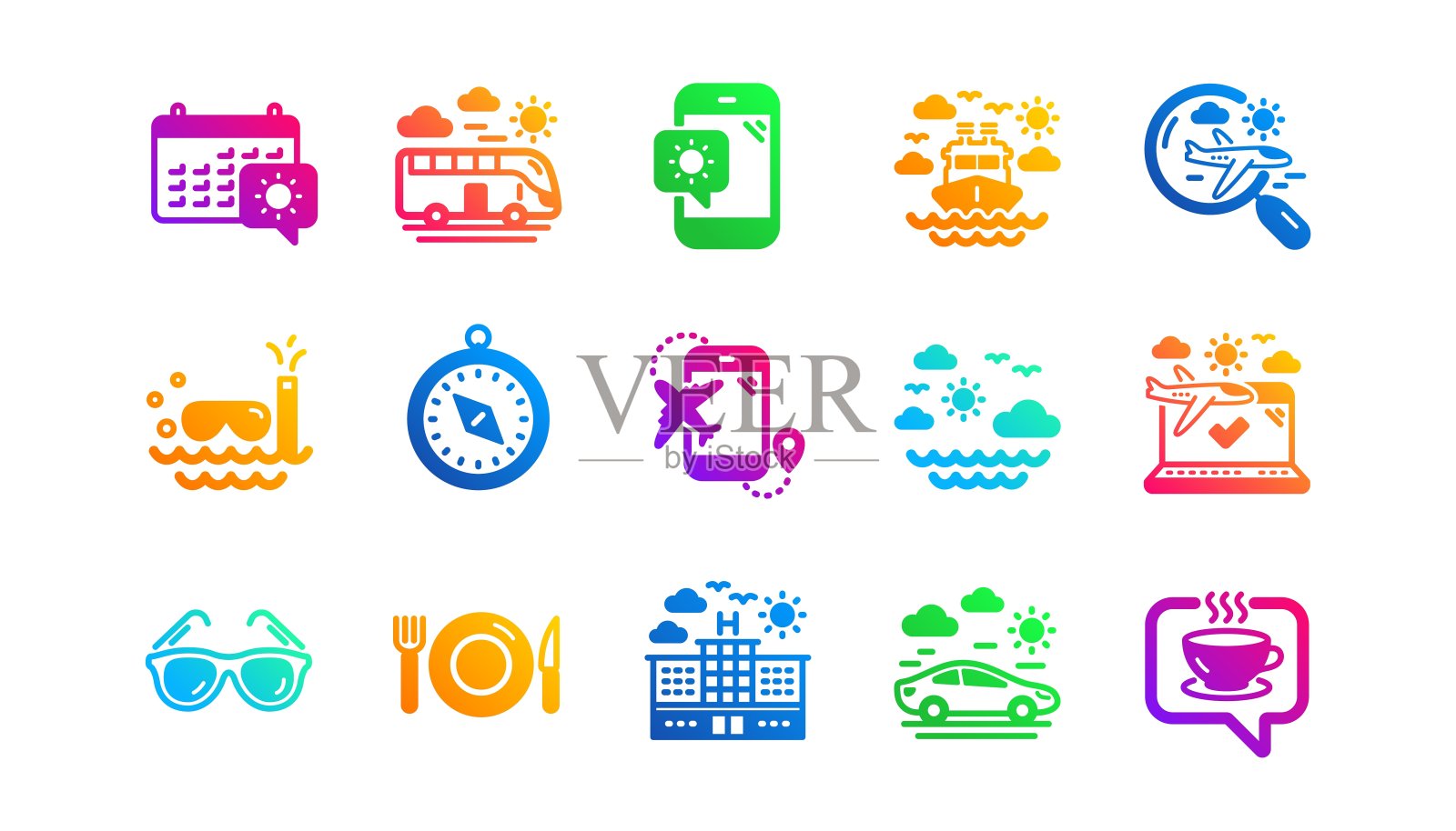 旅行图标。护照，行李和机场检查。经典的图标集。向量图标素材