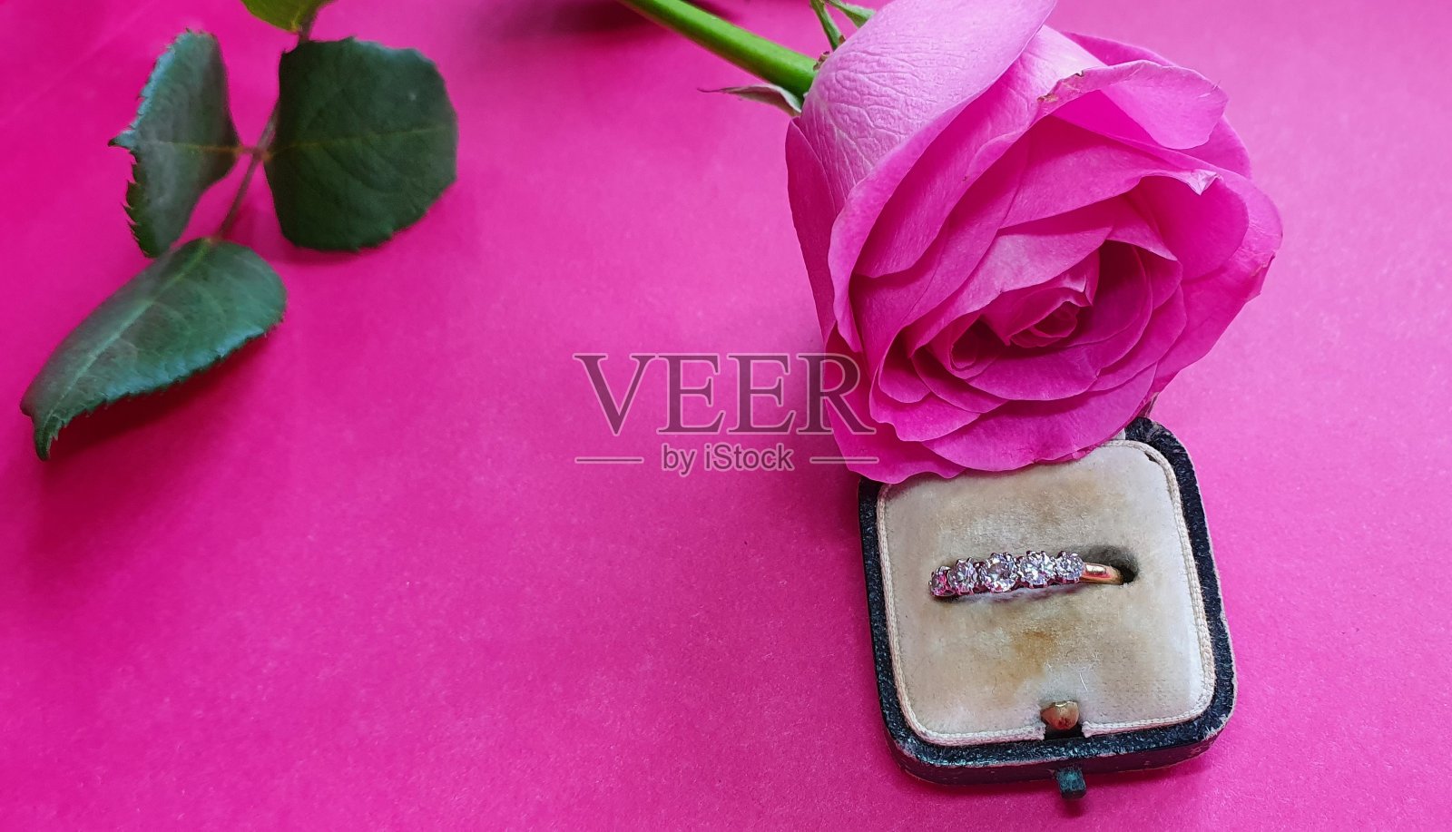 盒子里装着玫瑰和老戒指照片摄影图片