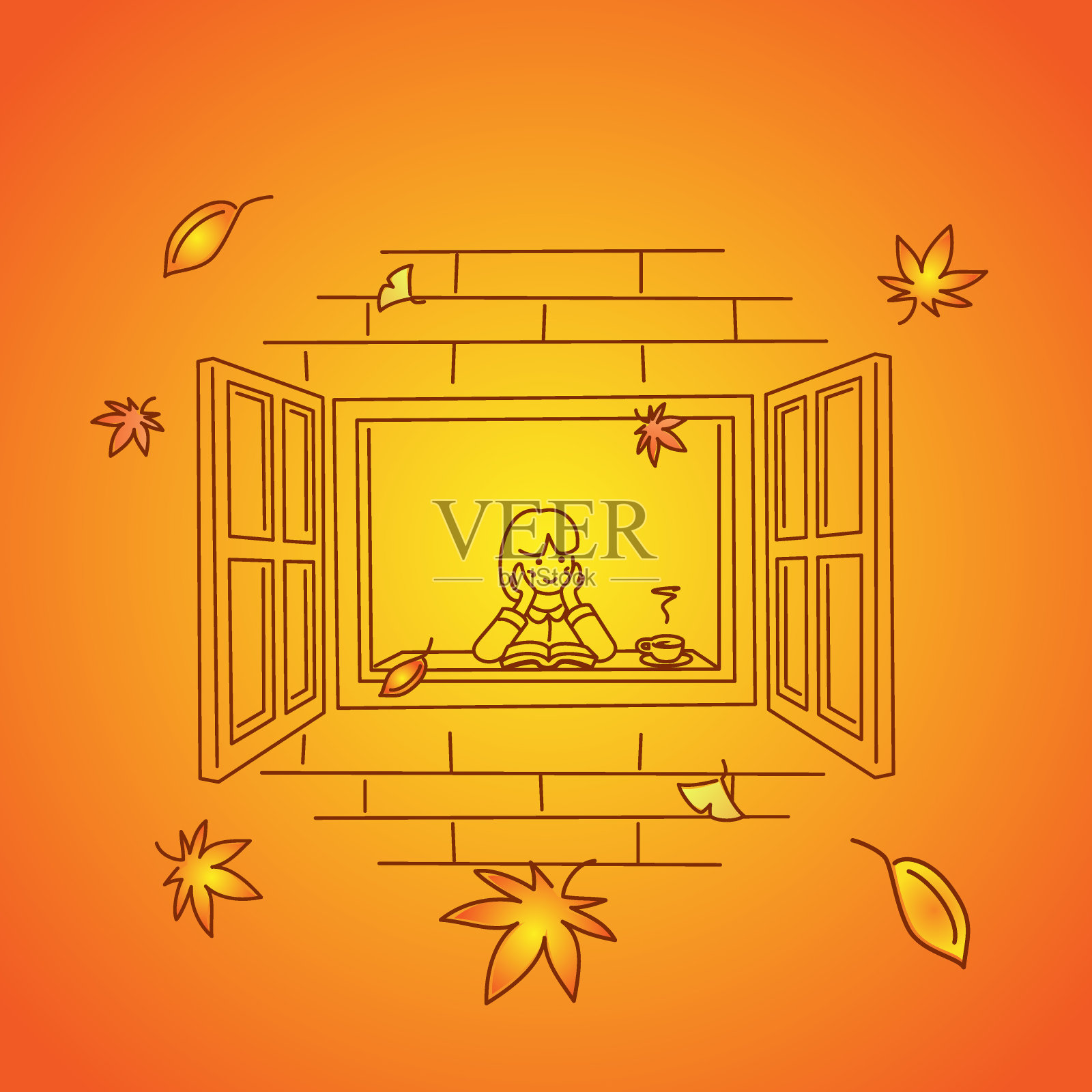 女人边读书边看秋叶插画图片素材