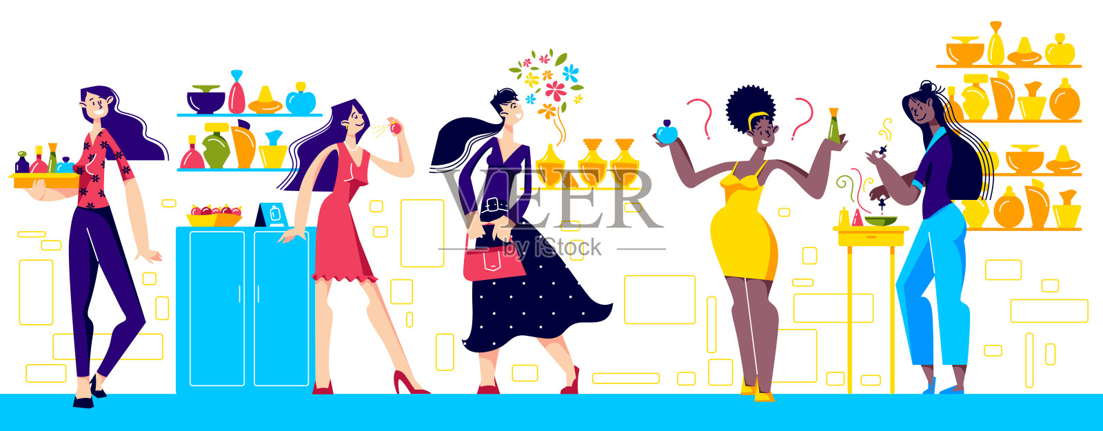 香水商店内部，妇女选择，销售和创造新的香水插画图片素材