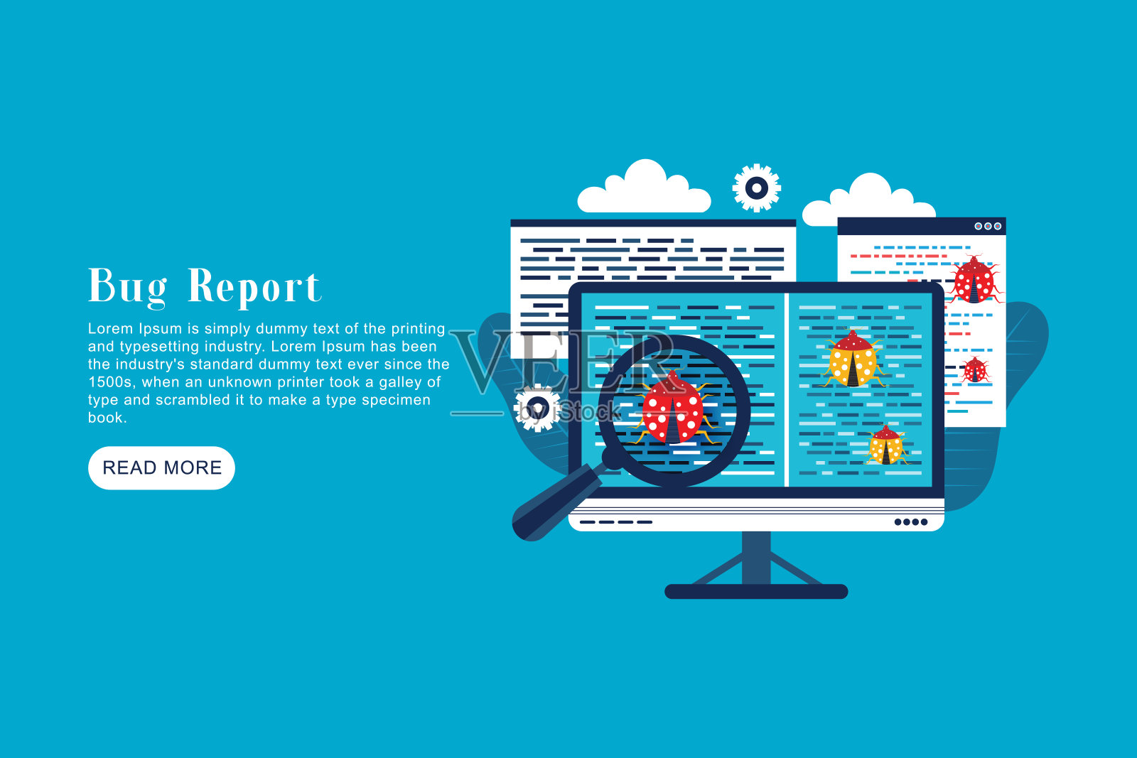 用笔记本电脑和放大镜寻找计算机程序漏洞插画图片素材