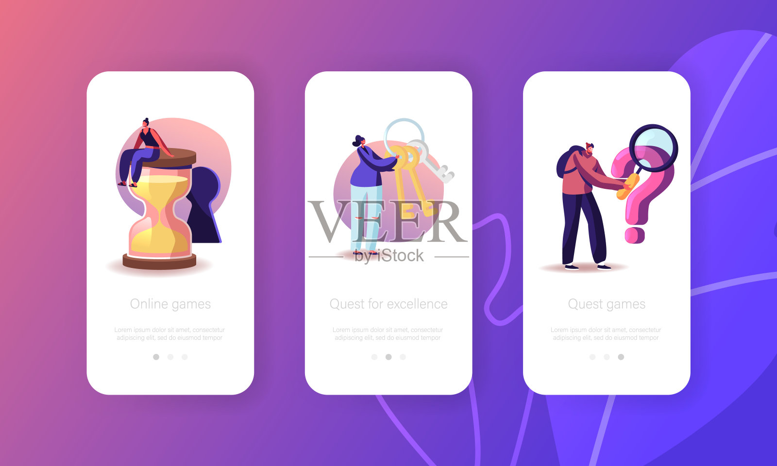 房间逃生难题手机应用程序页面板载屏幕模板。小字解谜和搜索解插画图片素材