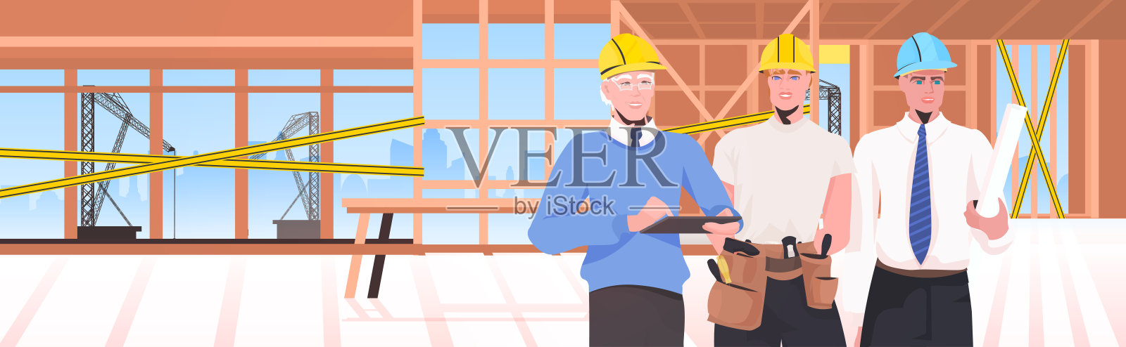 施工团队在施工现场工程师戴着头盔讨论维修服务理念插画图片素材