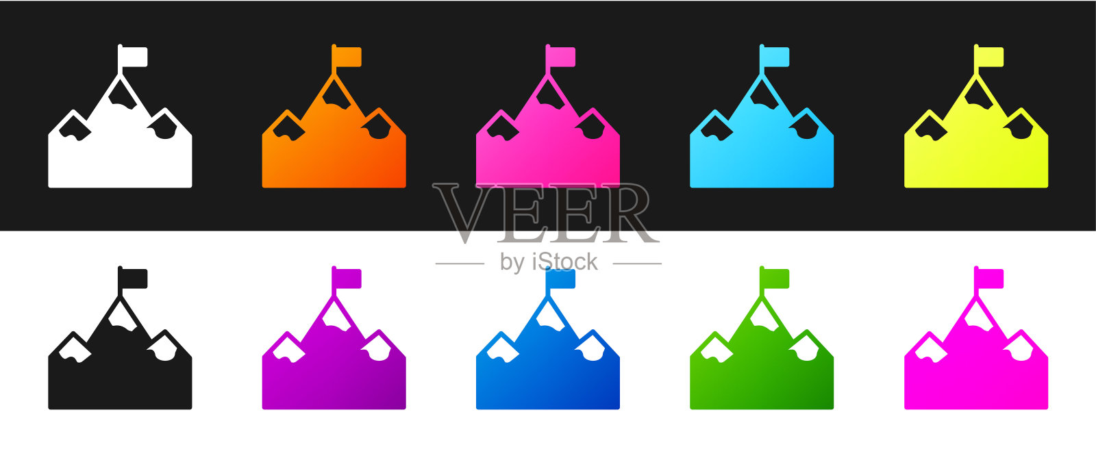 设置山与旗帜在顶部图标孤立的黑色和白色背景。象征胜利或成功的概念。目标的成就。向量图标素材