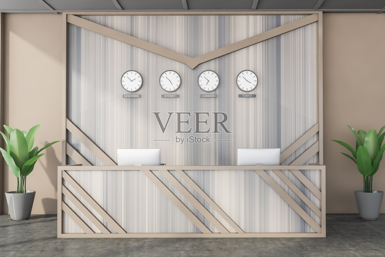 米色和木材接待与时钟照片摄影图片