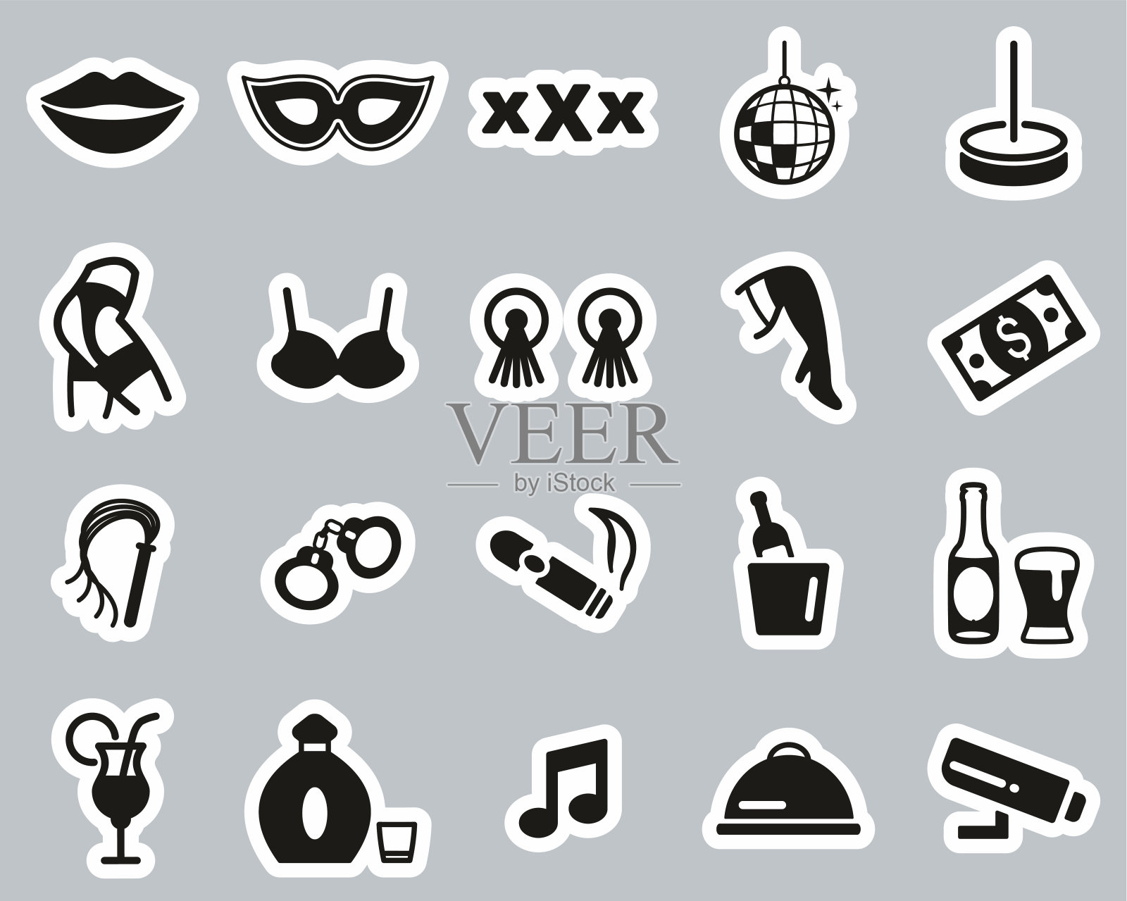 脱衣舞俱乐部图标黑白贴纸设置大插画图片素材