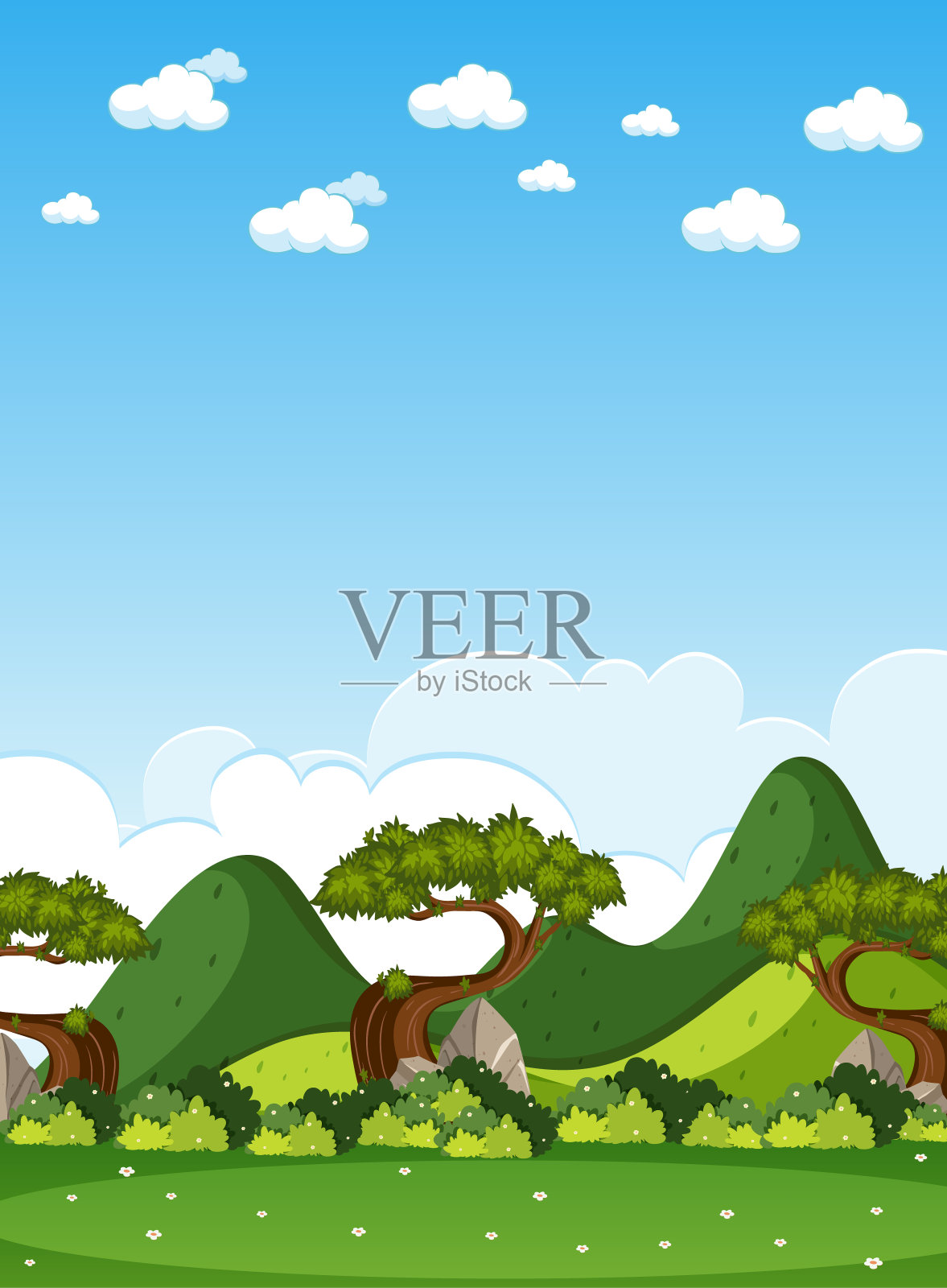 垂直的自然景观或景观乡村与森林的观点和空白的天空在白天插画图片素材