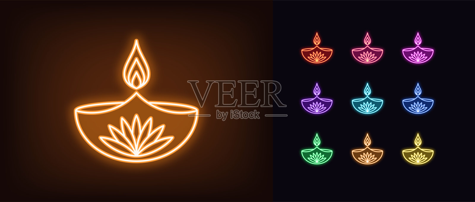 霓虹灯迪亚图标。霓虹灯盏，配火和荷花，祭奠插画图片素材
