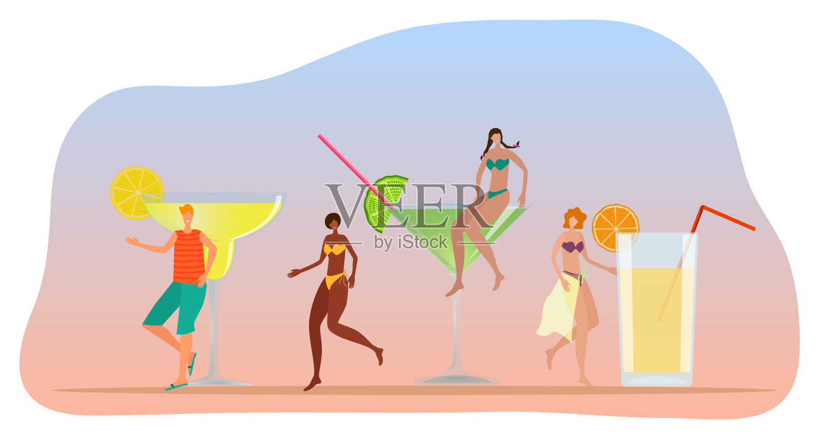 欢乐的年轻人在大玻璃杯和鸡尾酒的背景下插画图片素材