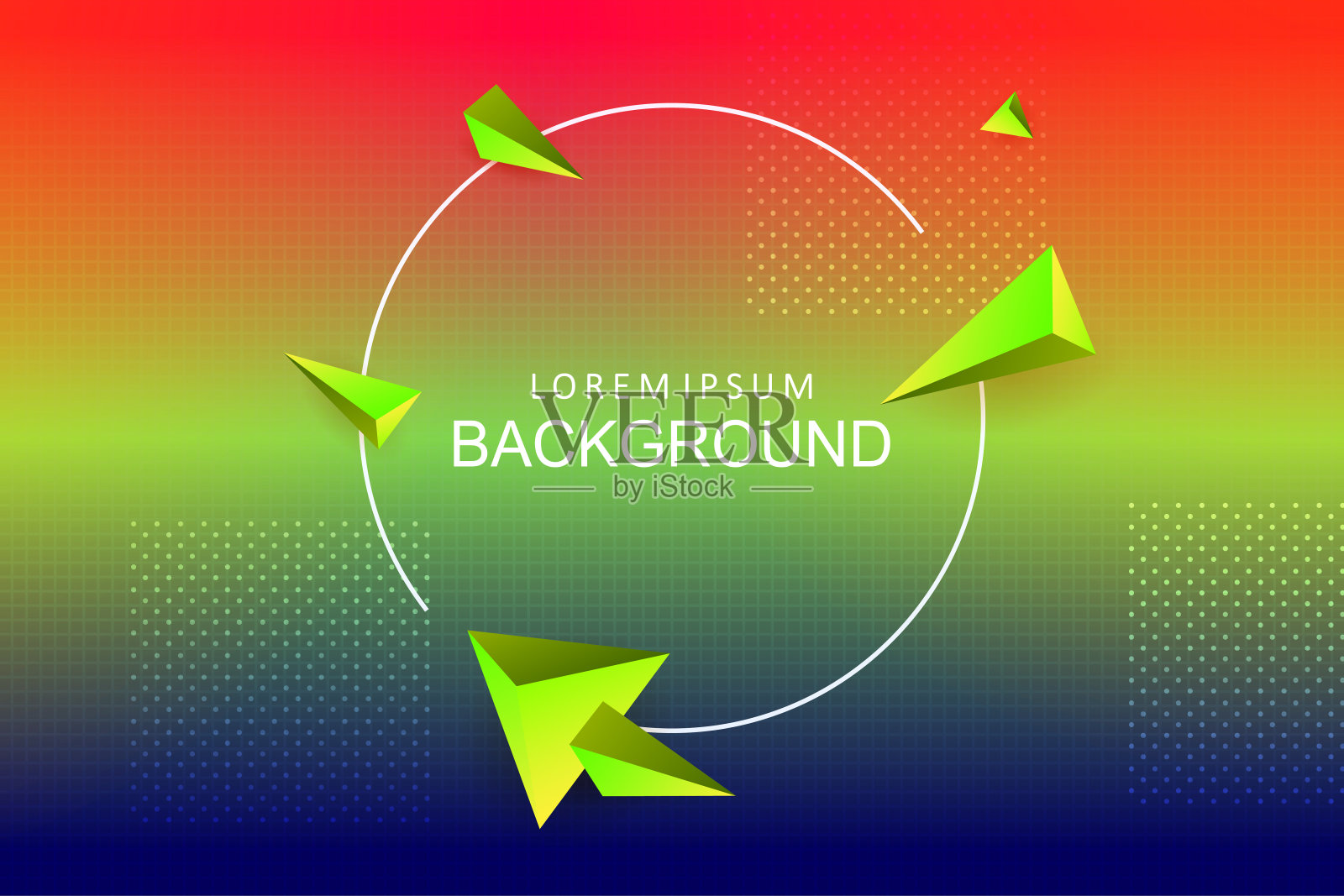 多色纹理组成与梯度，无序绘制绿色三角形，一个圆形框架设计模板素材