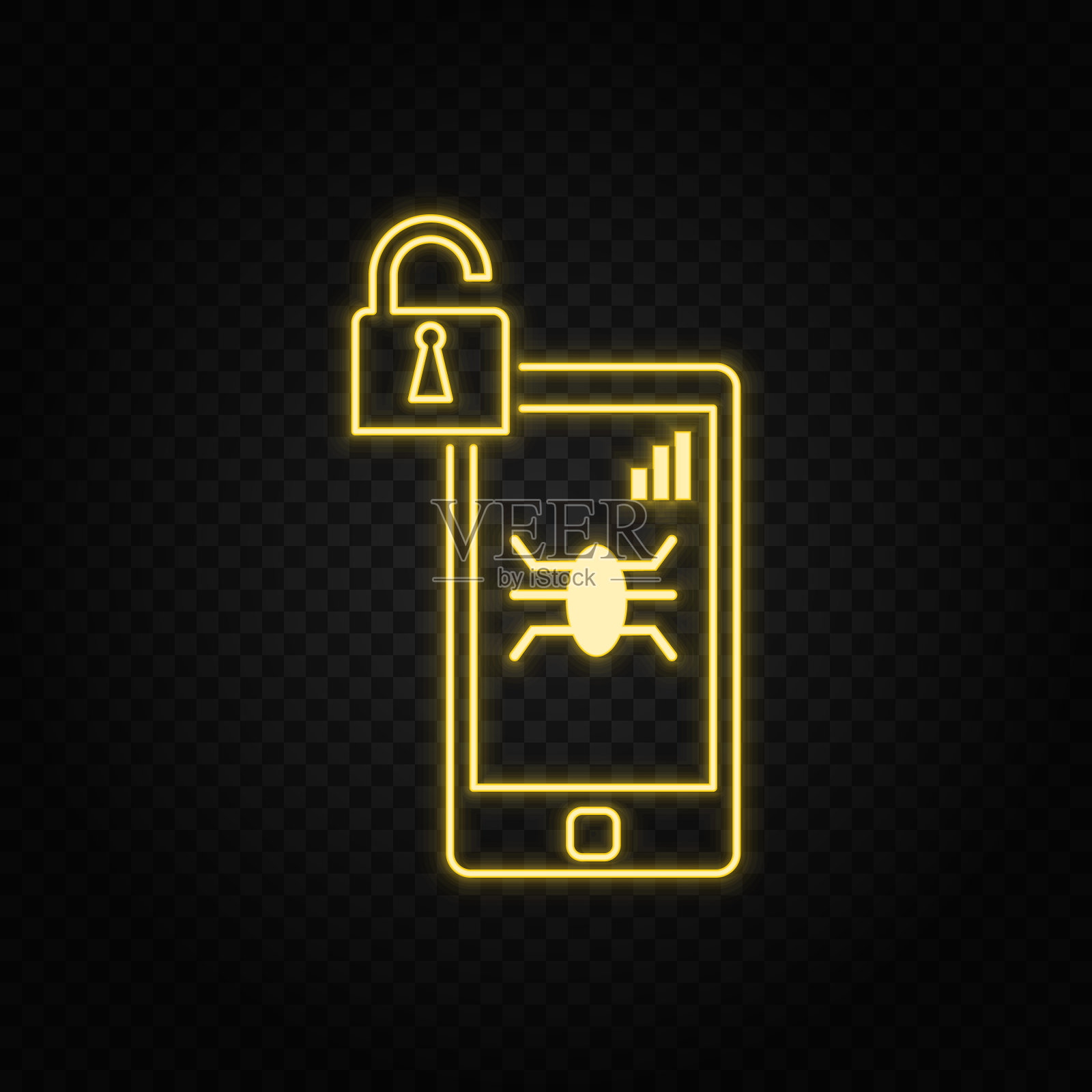 黄色霓虹图标智能手机病毒透明背景。黄色霓虹矢量图标插画图片素材