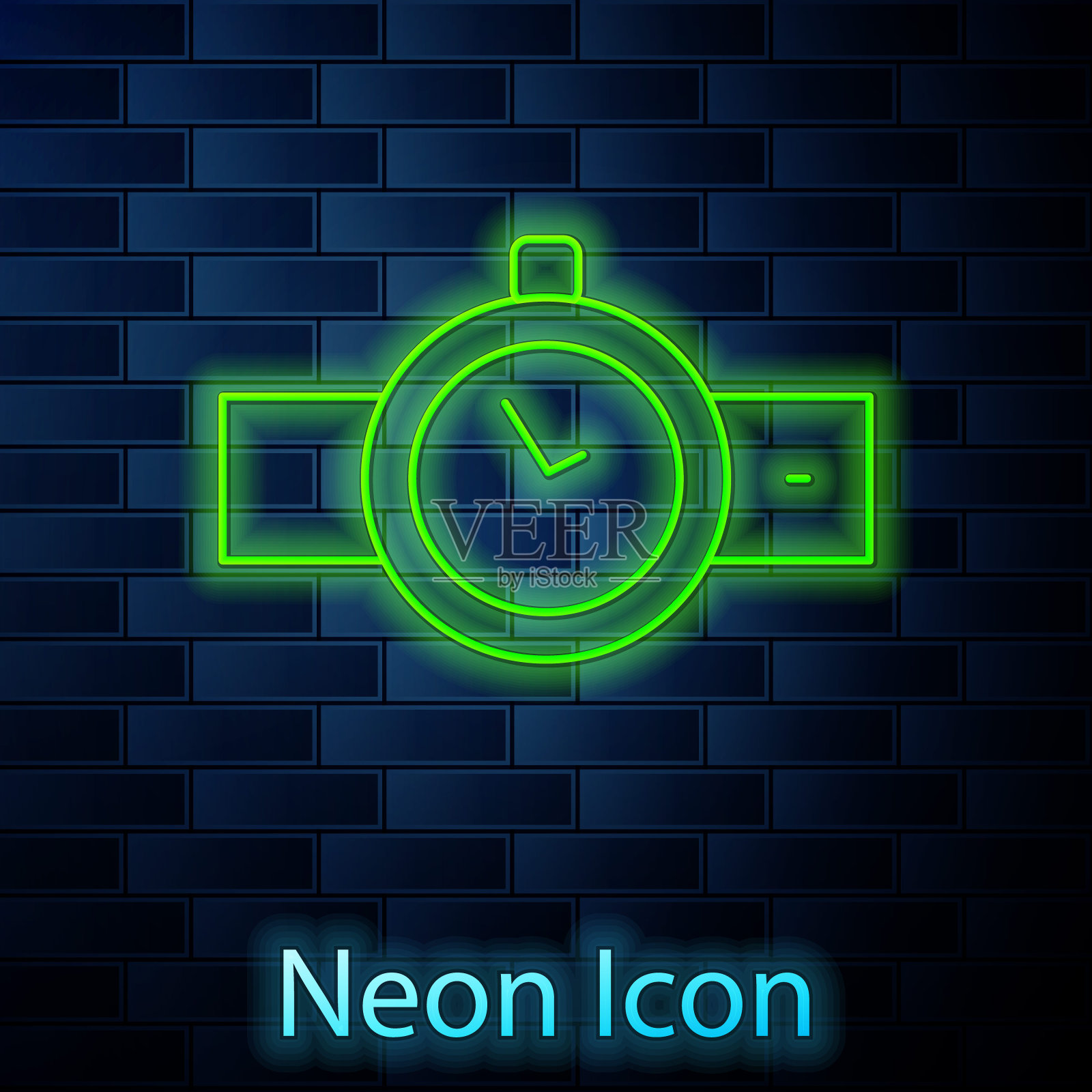 发光的霓虹灯线腕表图标隔离在砖墙背景。手表图标。向量插画图片素材