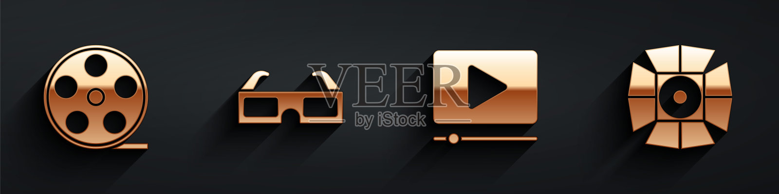 设置电影卷轴，3D电影眼镜，在线播放视频和电影聚光灯图标与长阴影。向量设计元素图片