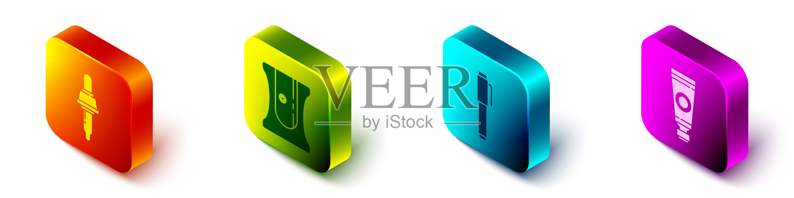 设置等距移液管，卷笔刀，钢笔和管与油漆调色板图标。向量图标素材