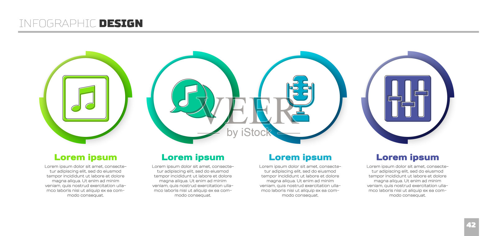 设置音乐音符、音调、语音气泡中的音符、麦克风和混音控制器。业务信息图模板。向量设计模板素材