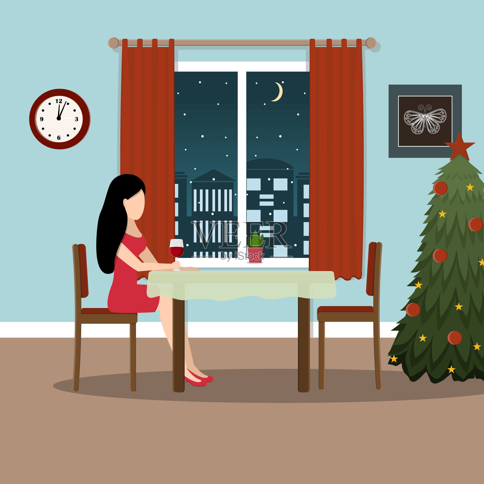 优雅的女孩独自坐在窗边，手持一杯红酒庆祝圣诞节，彩色矢量插画，剪贴画，设计，装饰，banner插画图片素材