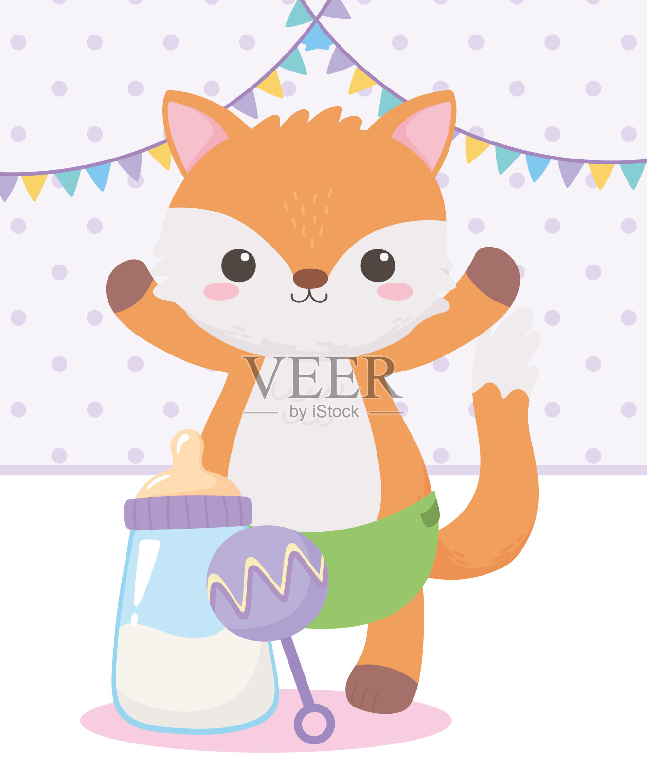 宝宝送礼会，小狐狸摇响器和奶瓶，庆祝迎接新生儿设计元素图片