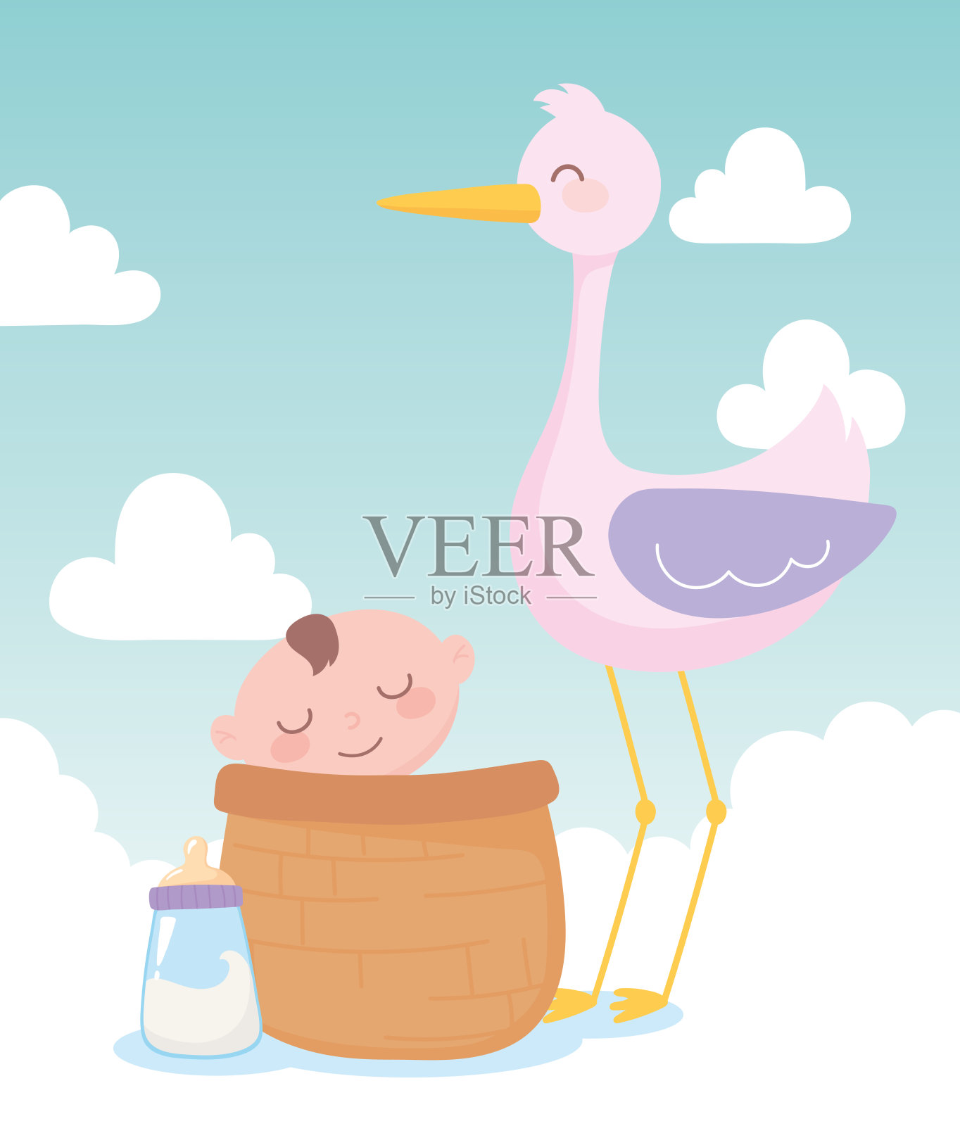 婴儿洗礼，鹳和小男孩在篮子里，庆祝欢迎新生儿插画图片素材