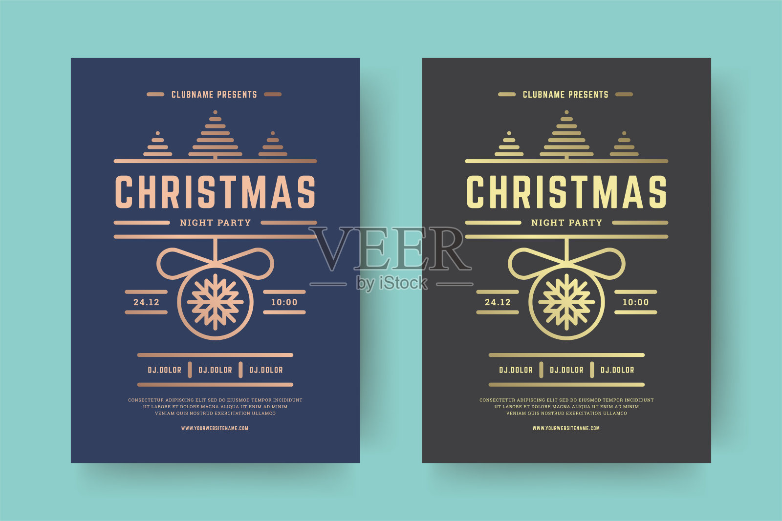 圣诞派对传单事件现代排版和金色装饰元素矢量插图设计模板素材