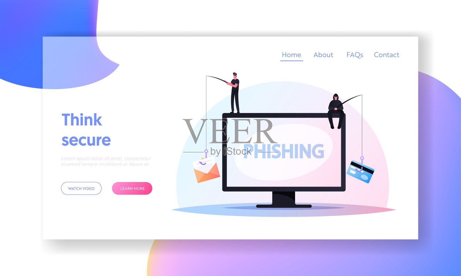 黑客信用卡登陆页模板。小黑客坐在巨大的计算机上钓鱼个人数据插画图片素材