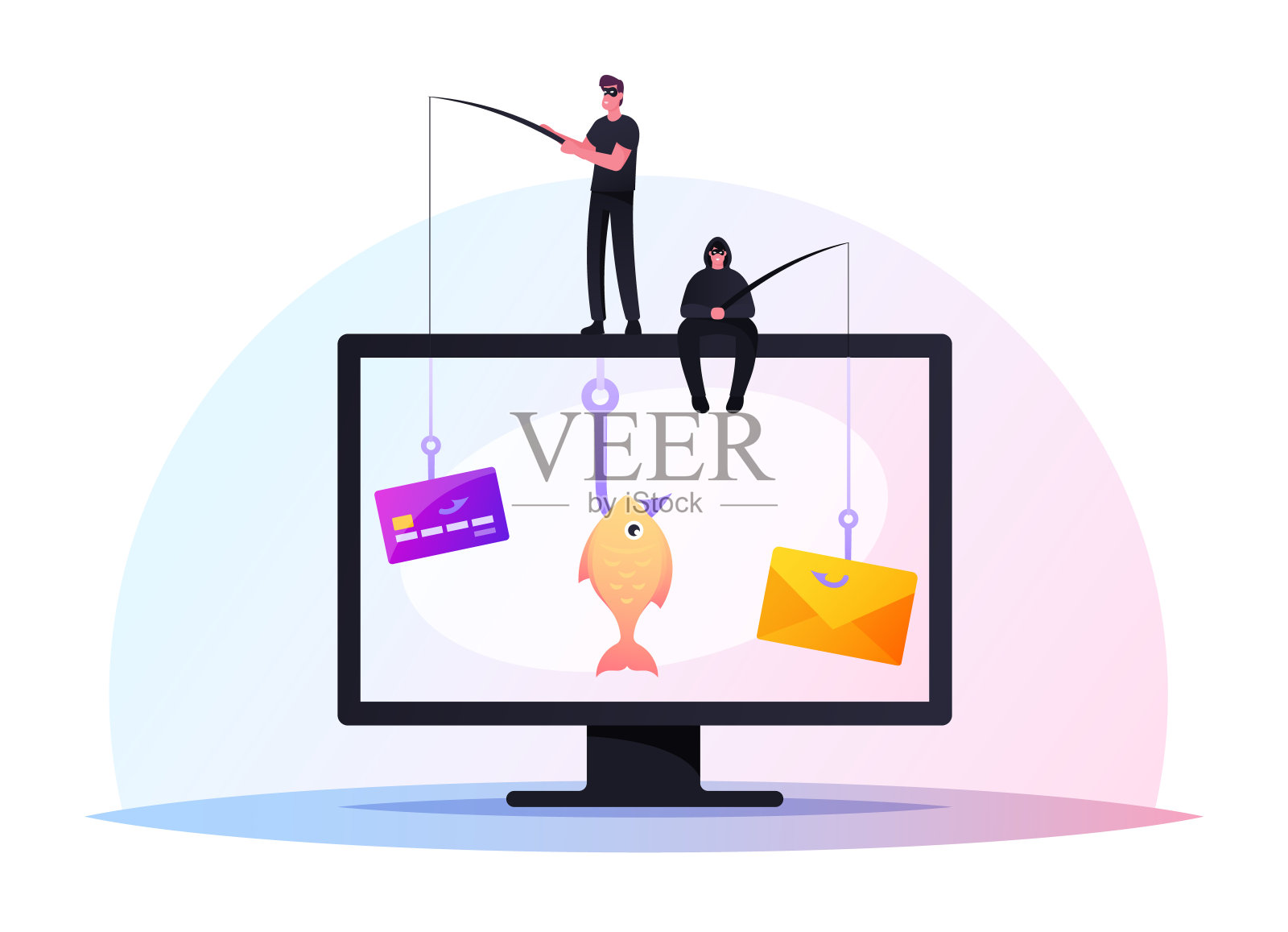 微型黑客入侵信用卡或个人数据。男性角色坐在巨大的电脑上，通过互联网钓鱼插画图片素材