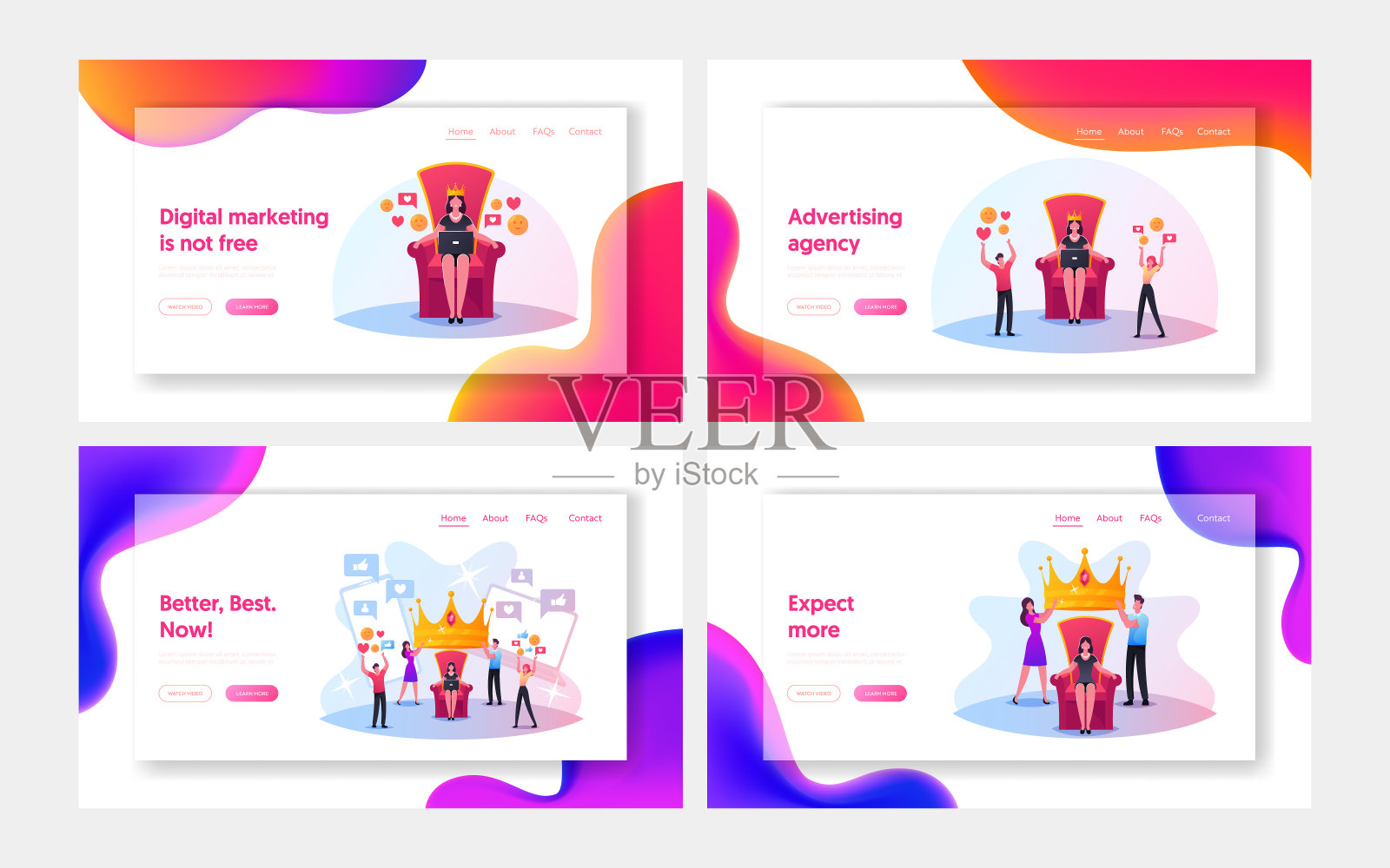 炒作，知名度，名声登陆页模板集。小角色把巨大的皇冠戴在坐在王座上的女人头上插画图片素材