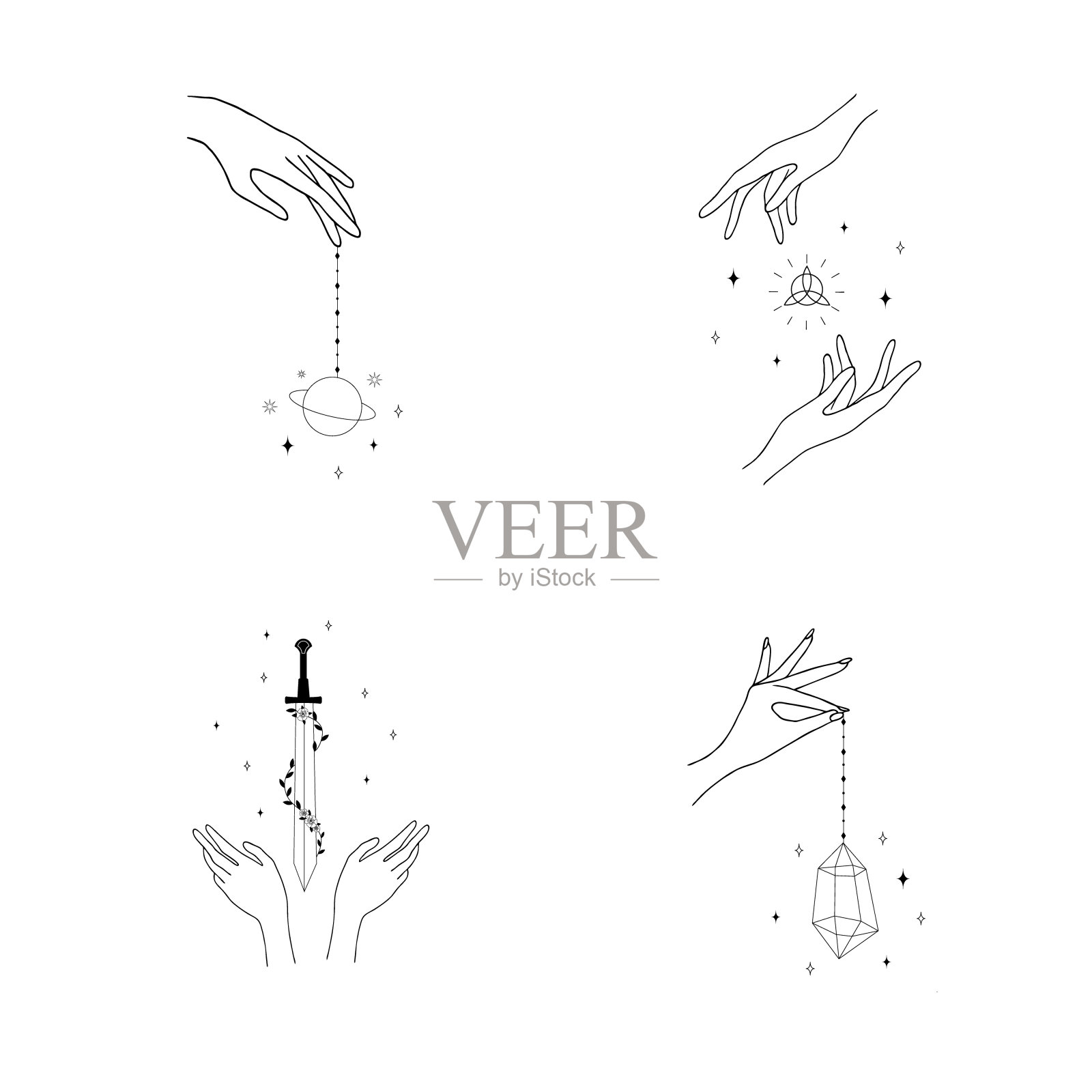 一套女性手标志在一个最小的线性风格。不同的矢量手势与剑，星星和水晶。抽象的标志，化妆品或美容产品，纹身，水疗，美甲，珠宝店。插画图片素材