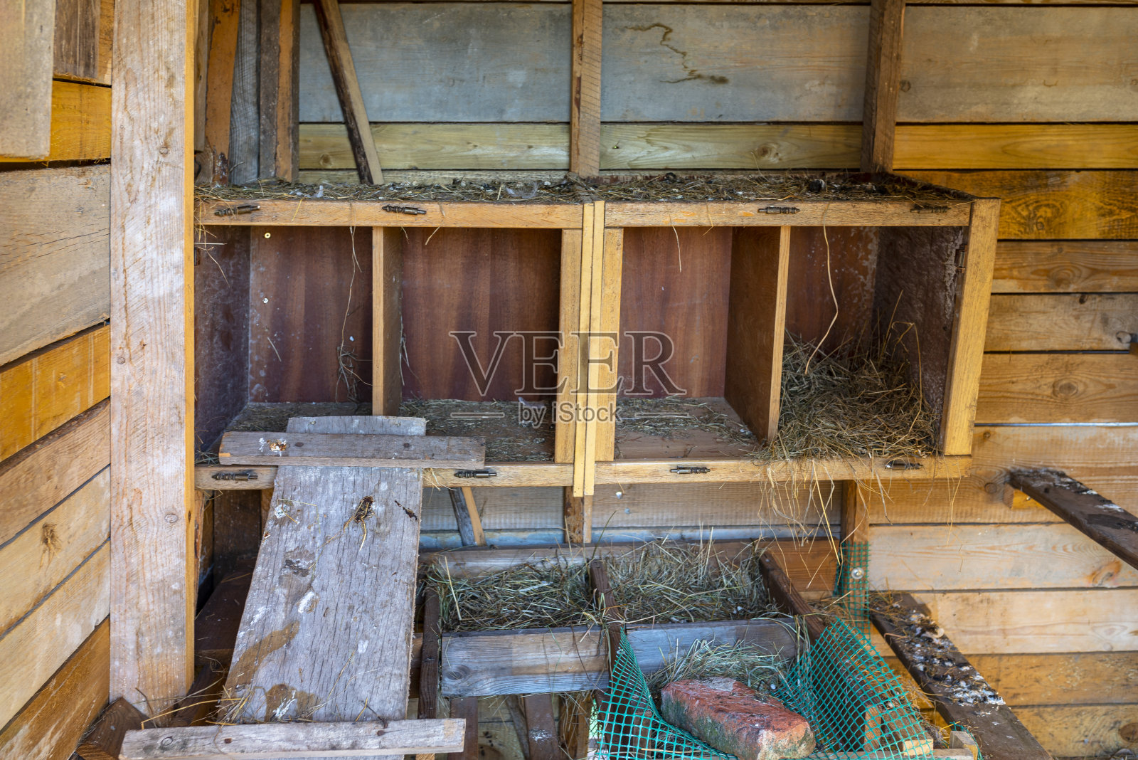 室内的一个木制鸡舍在农村，可见围栏和一个木制坡道。照片摄影图片
