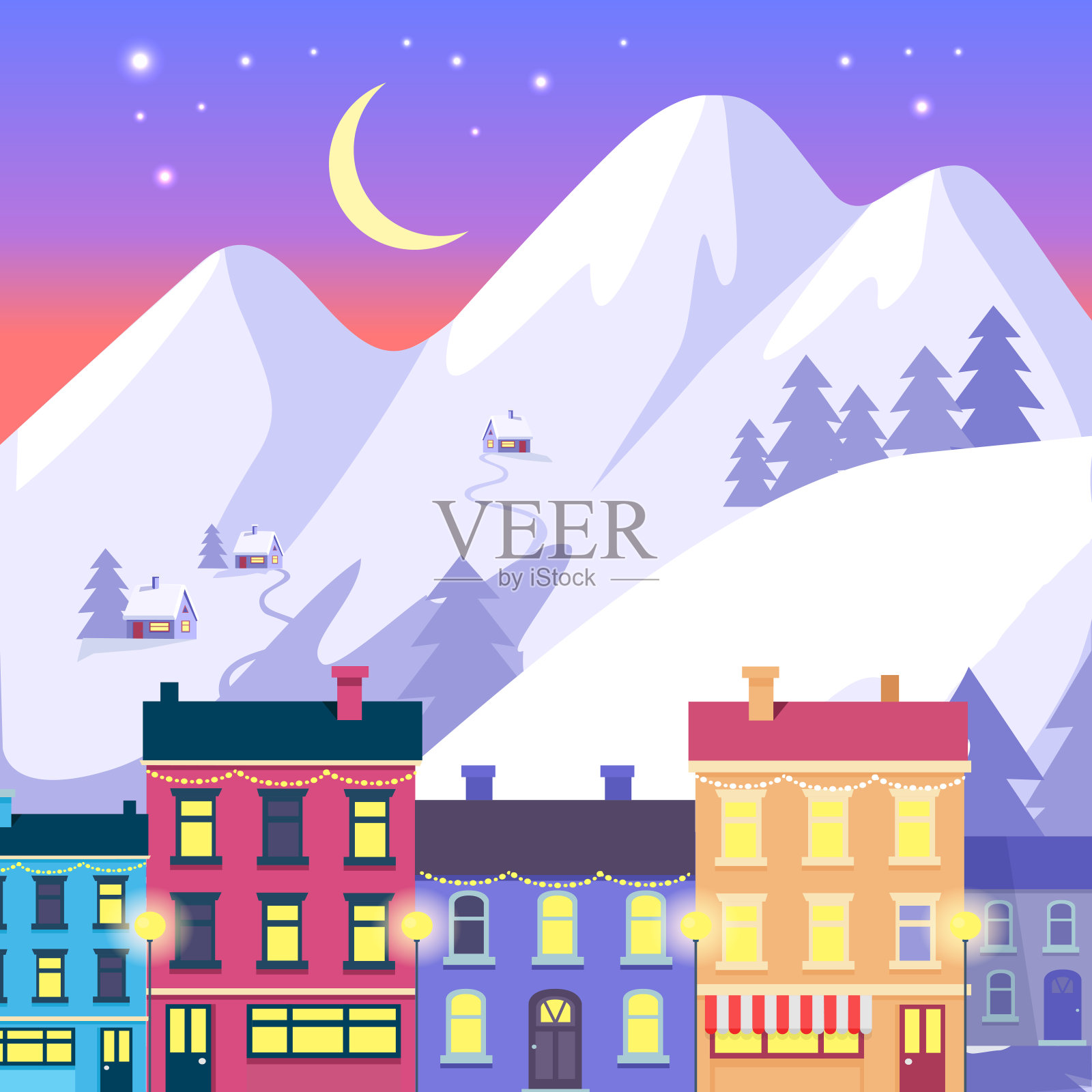 圣诞小镇在高山上的背景插画图片素材