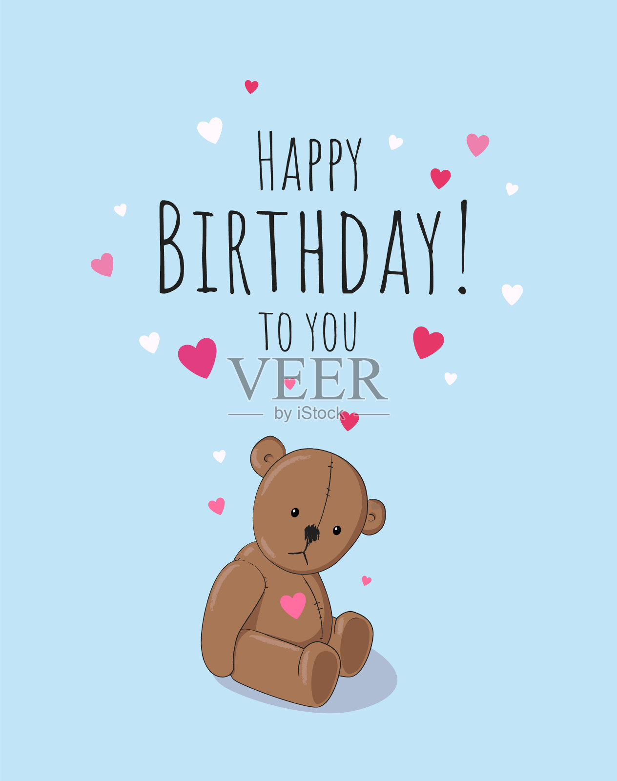 生日快乐。贺卡设计与可爱的泰迪熊玩具插图和小心的粉红色和白色的颜色在蓝色的背景。——矢量插画图片素材