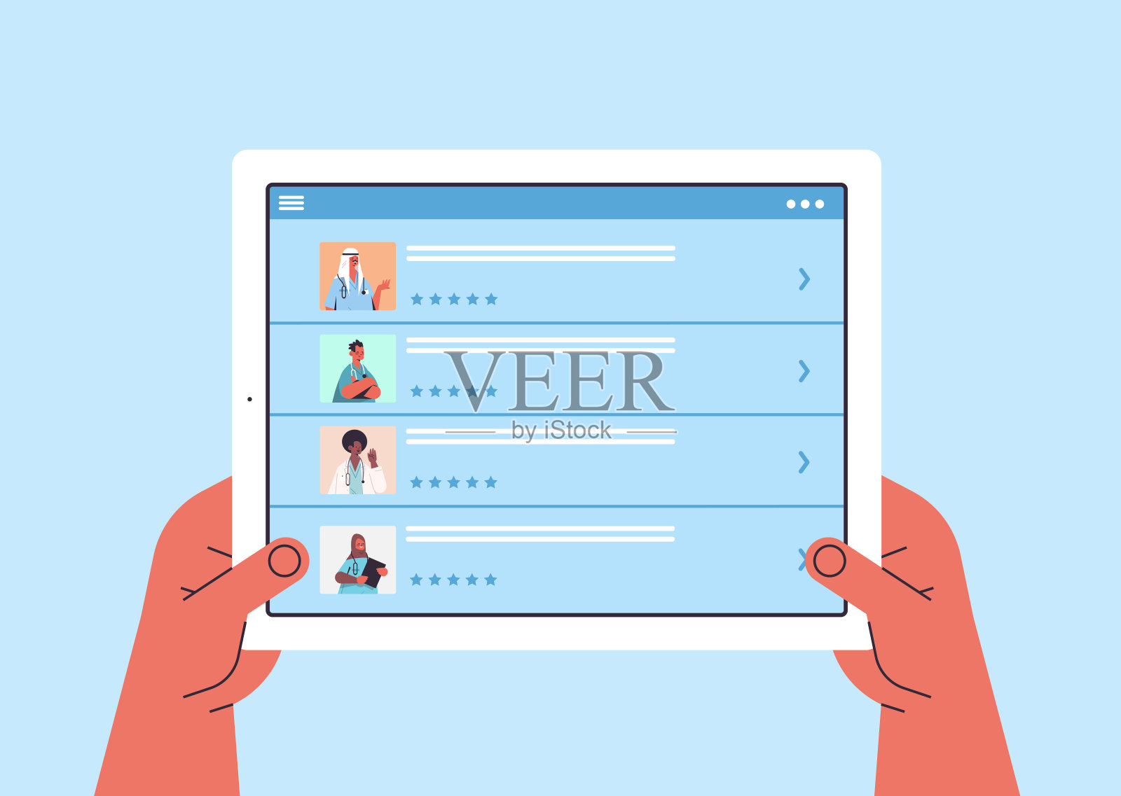 人的双手使用平板电脑选择医生在移动应用在线医疗咨询保健服务插画图片素材