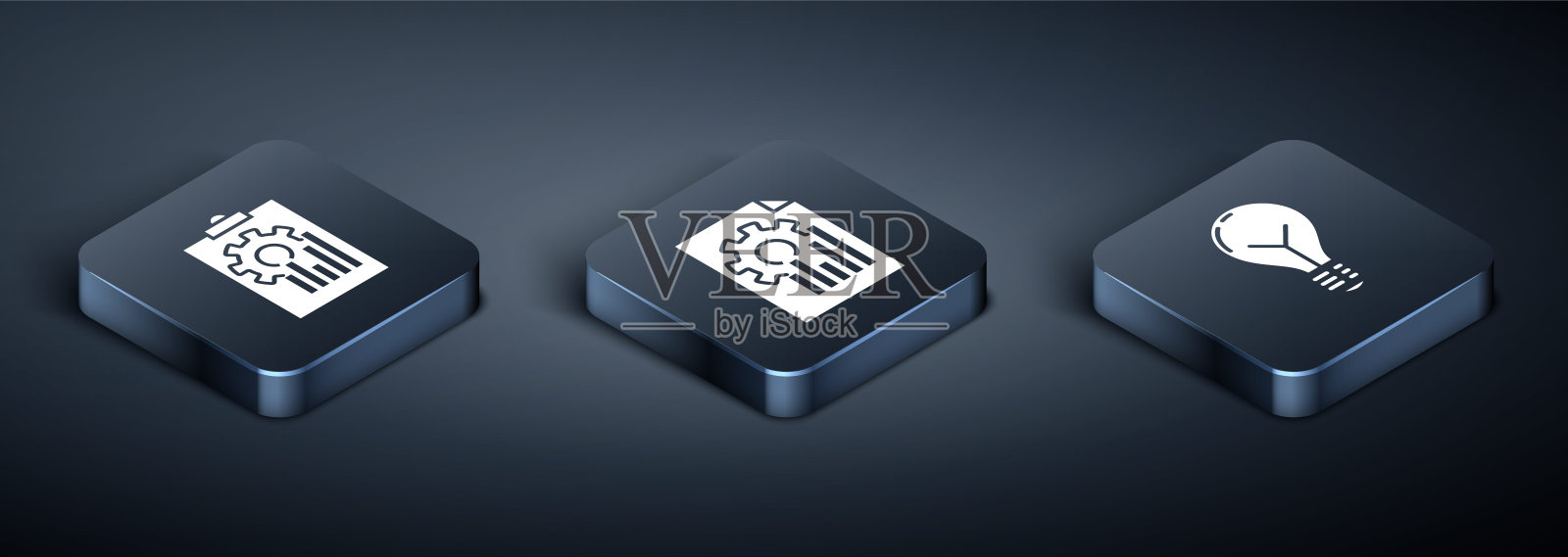 设置等距剪贴板与曲线图，灯泡与概念的想法和文件与曲线图图表图标。向量图标素材