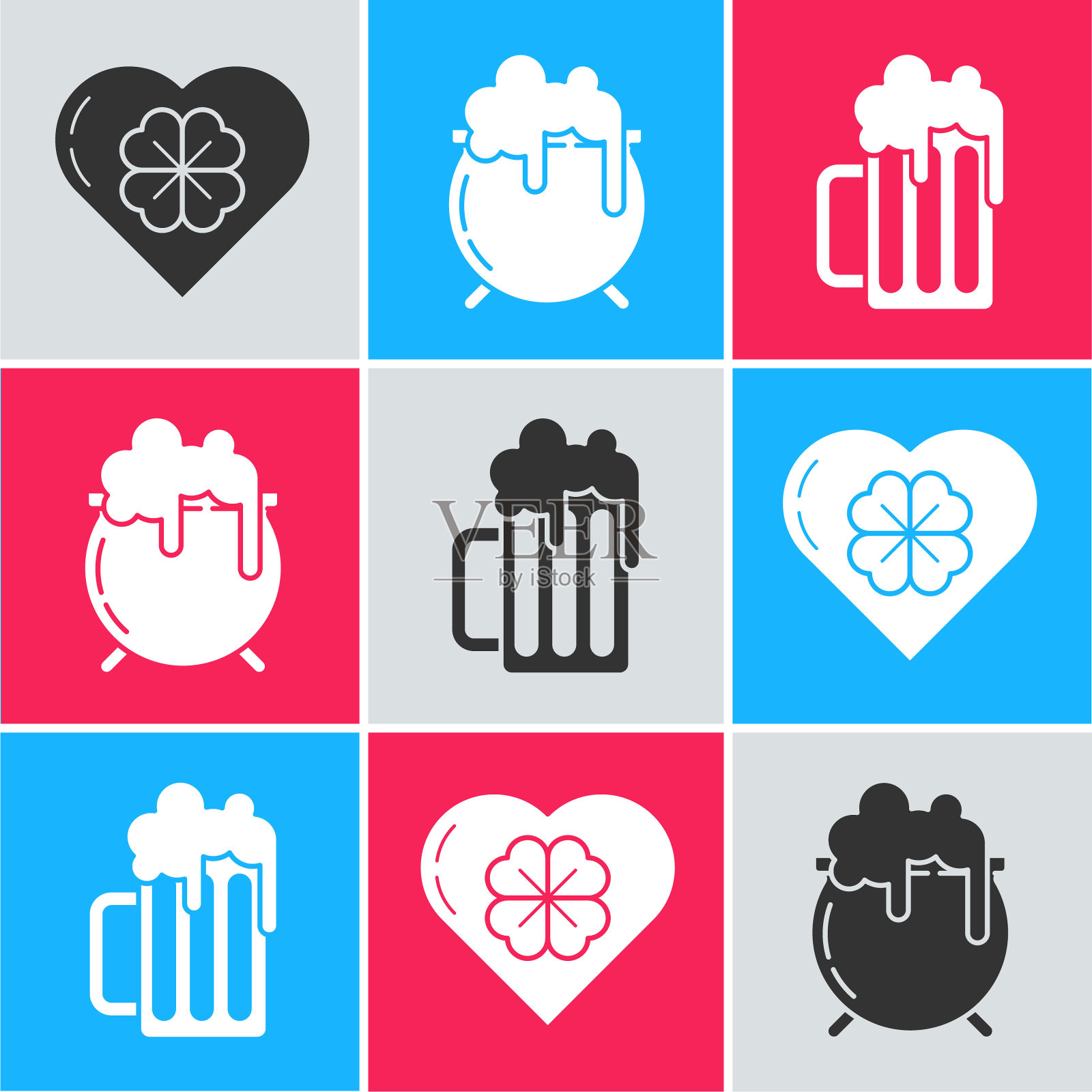 设置心脏与四叶草，女巫大锅和木制啤酒杯图标。向量图标素材