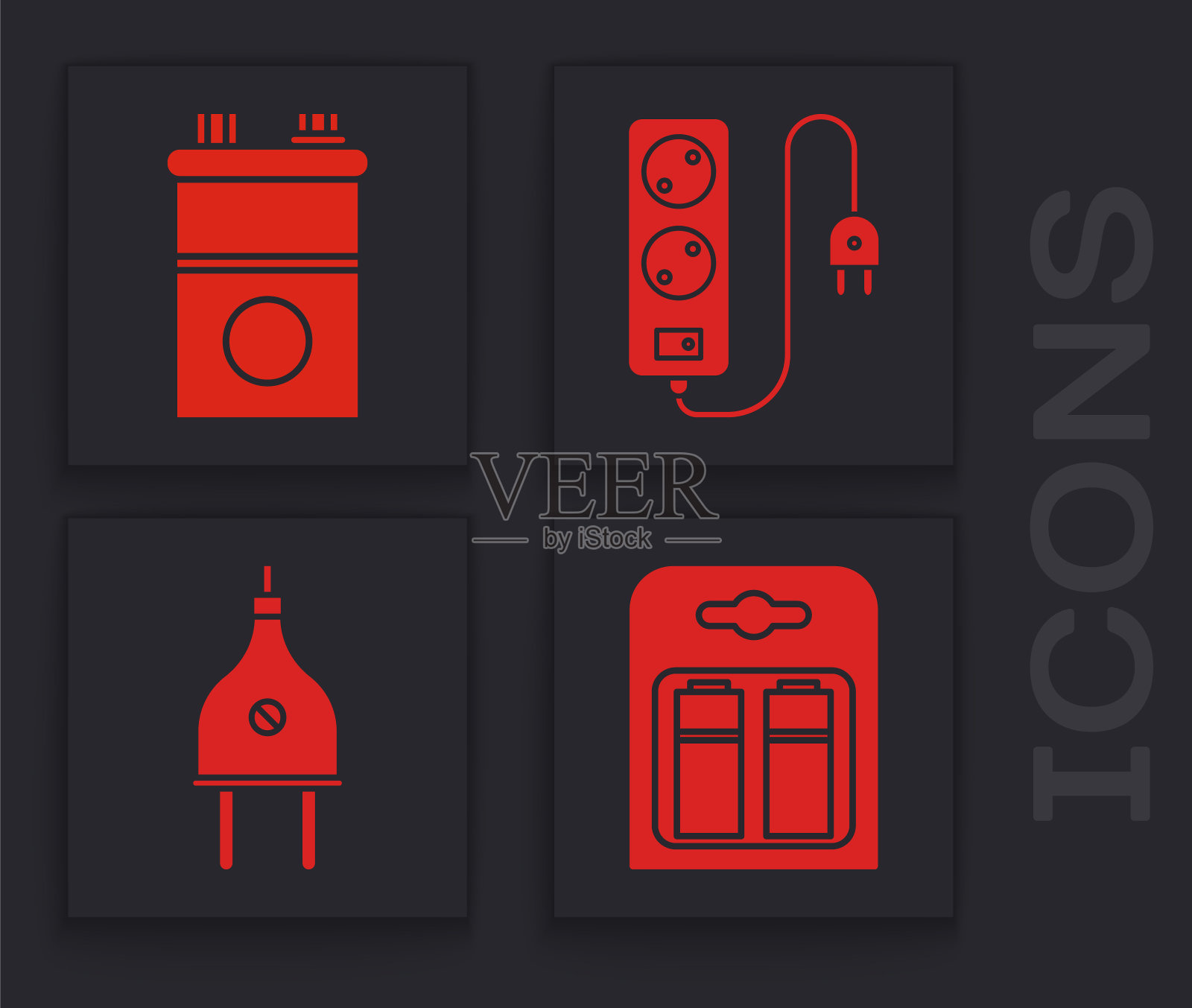 设置电池组，汽车电池，电动延长线和电动插头图标。向量图标素材