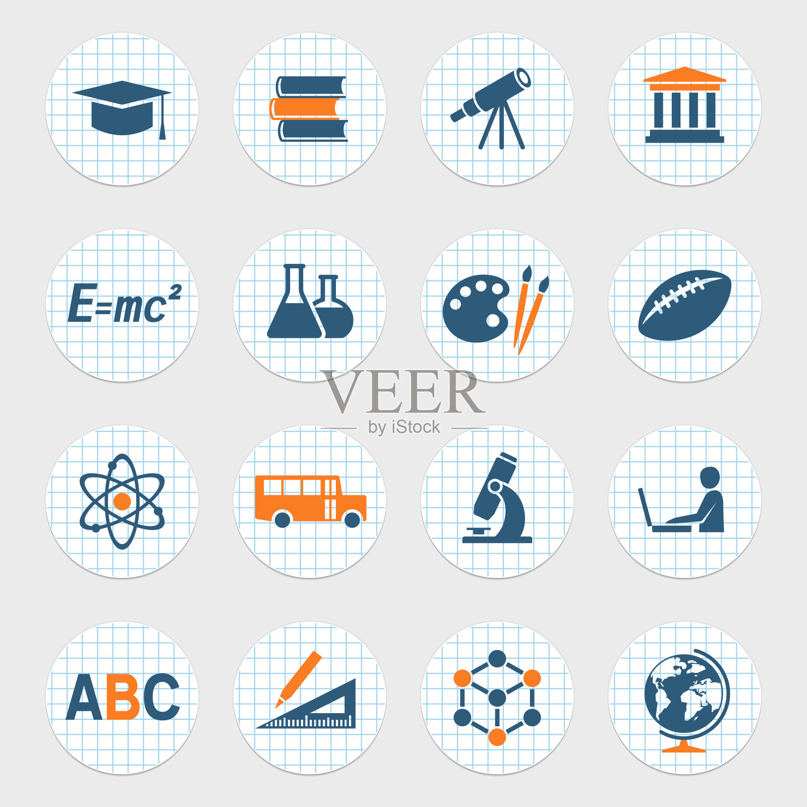 教育和学校标志。一套圆形纸贴纸图标素材