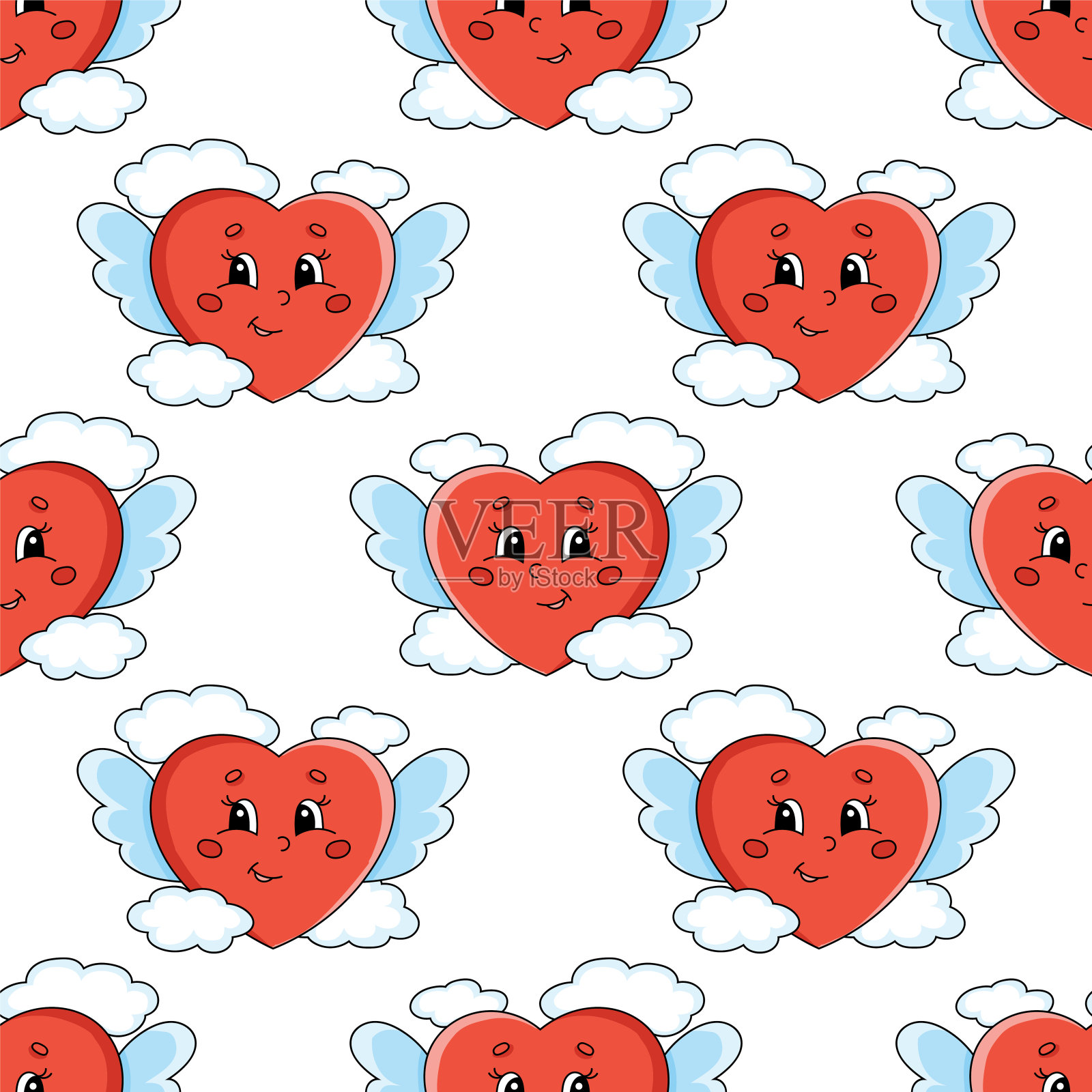 彩色卡通无缝图案。卡通风格。情人节。手绘。矢量插图孤立在白色背景。插画图片素材