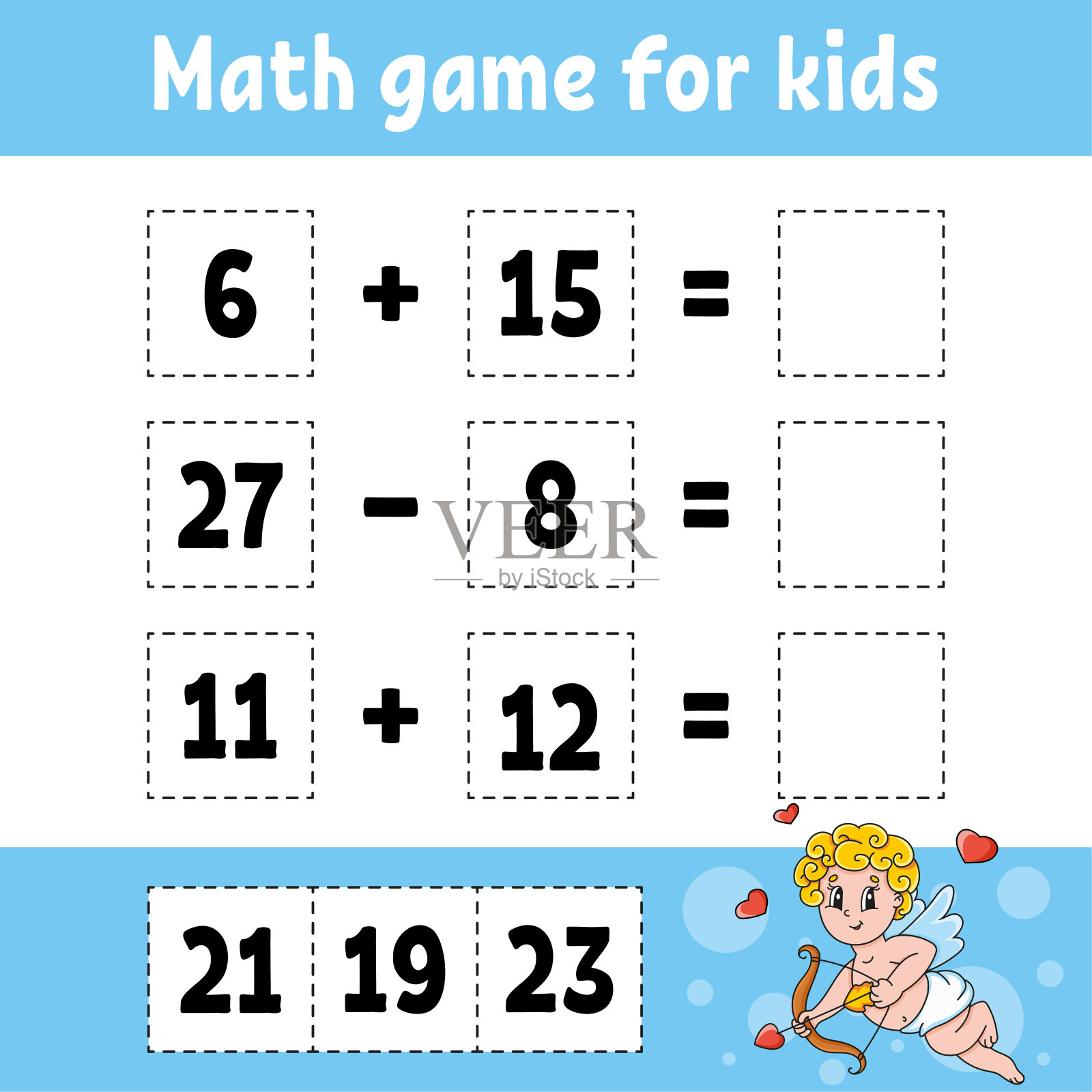 儿童数学游戏。教育发展工作表。带有图片的活动页面。游戏对孩子们。情人节。颜色孤立矢量插图。有趣的角色。卡通风格。插画图片素材