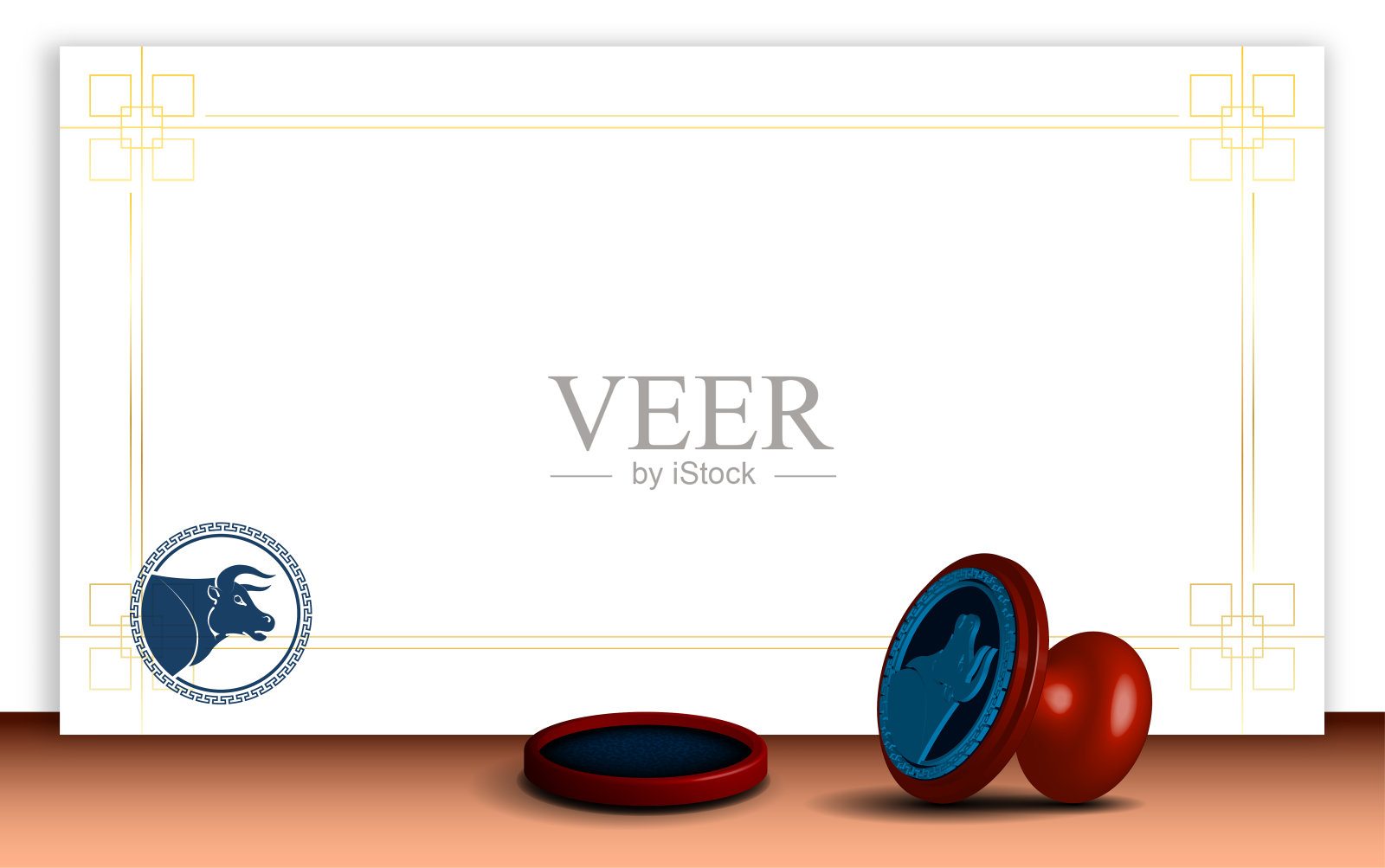 牛年2021年，贺卡用圆形公证人木盖章，盖章。在中国历法上，牛是新年的象征。邮政印刷、信件及邮件之标记。三维向量插画图片素材