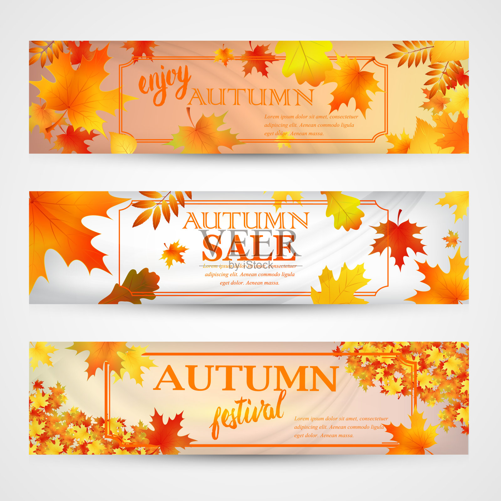 三个秋天的旗帜和彩色的叶子。向量插画图片素材