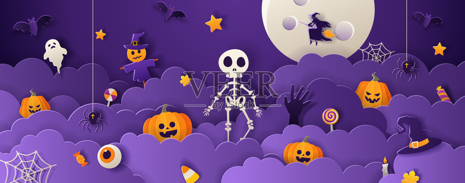 万圣节海报剪纸风格插画图片素材