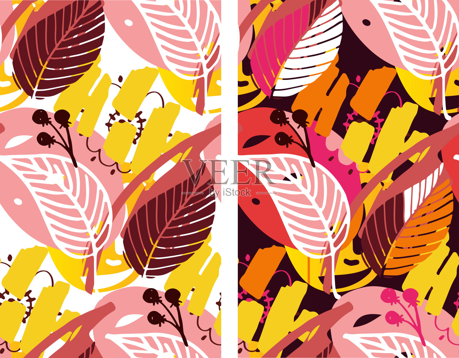 秋天可爱手绘涂鸦叶和花集。抽象落模板横幅艺术为图案、背景、织物。插画图片素材