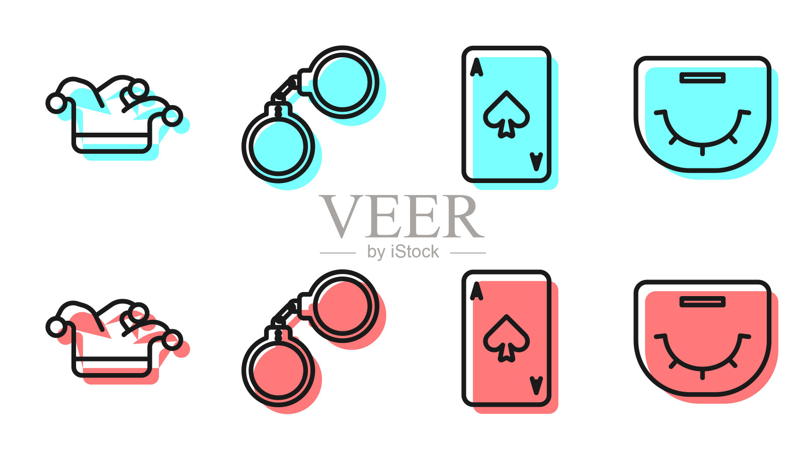 设置一行扑克牌与黑桃，小丑扑克牌，手铐和牌桌图标。向量插画图片素材