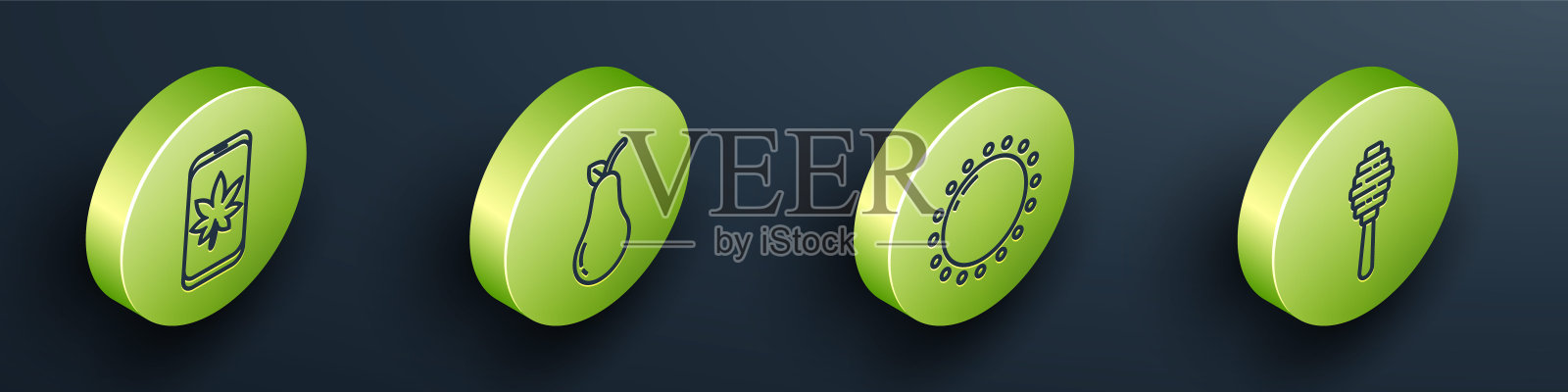 设置等距叶手机，梨，太阳和蜂蜜北斗棒图标。向量插画图片素材