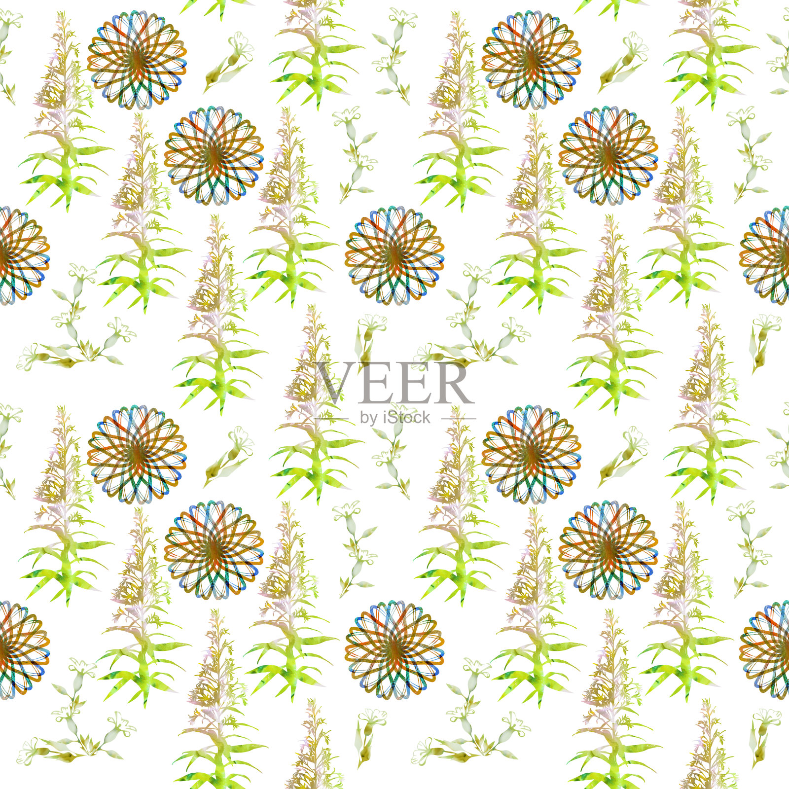 花卉和抽象元素，无缝图案。插画图片素材