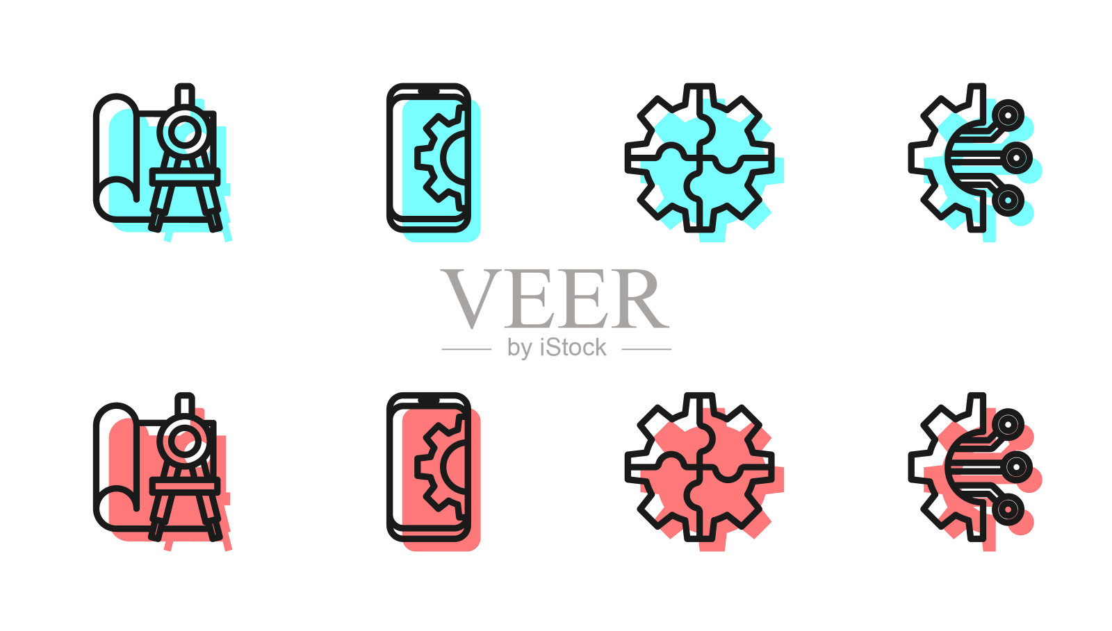 设置线齿轮，绘图纸和指南针，设置在智能手机和算法图标。向量图标素材