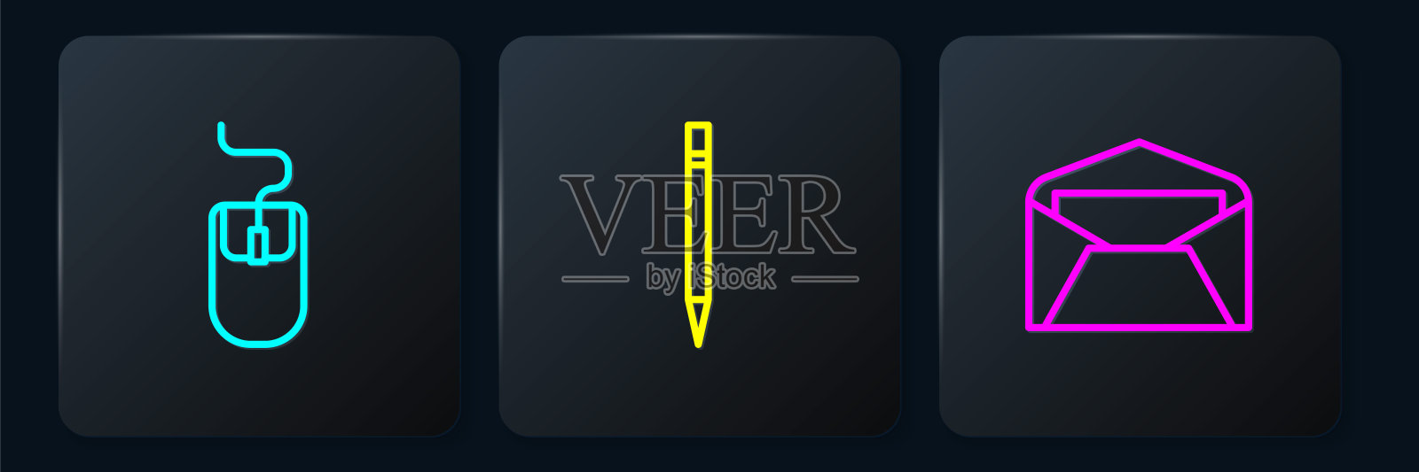 电脑鼠标，信封，铅笔和橡皮擦。黑色方形按钮。向量设计元素图片