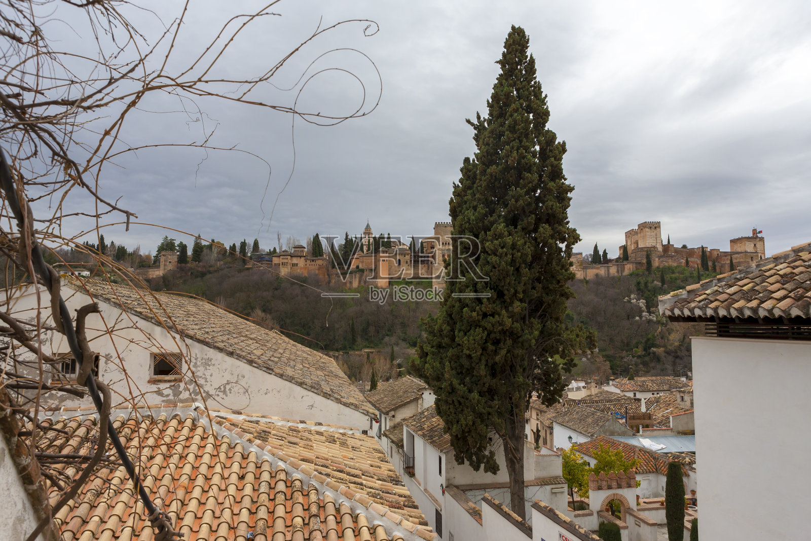 格拉纳达，维多利亚，阿尔拜辛，远处的阿尔罕布拉照片摄影图片