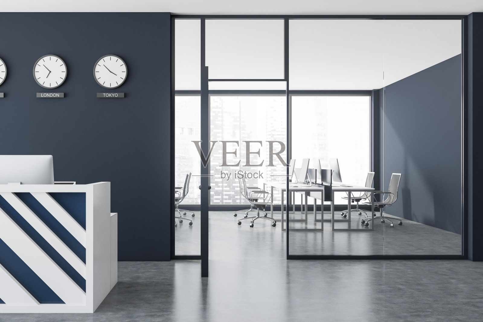 灰色的开放式办公室里的接待处配有时钟照片摄影图片