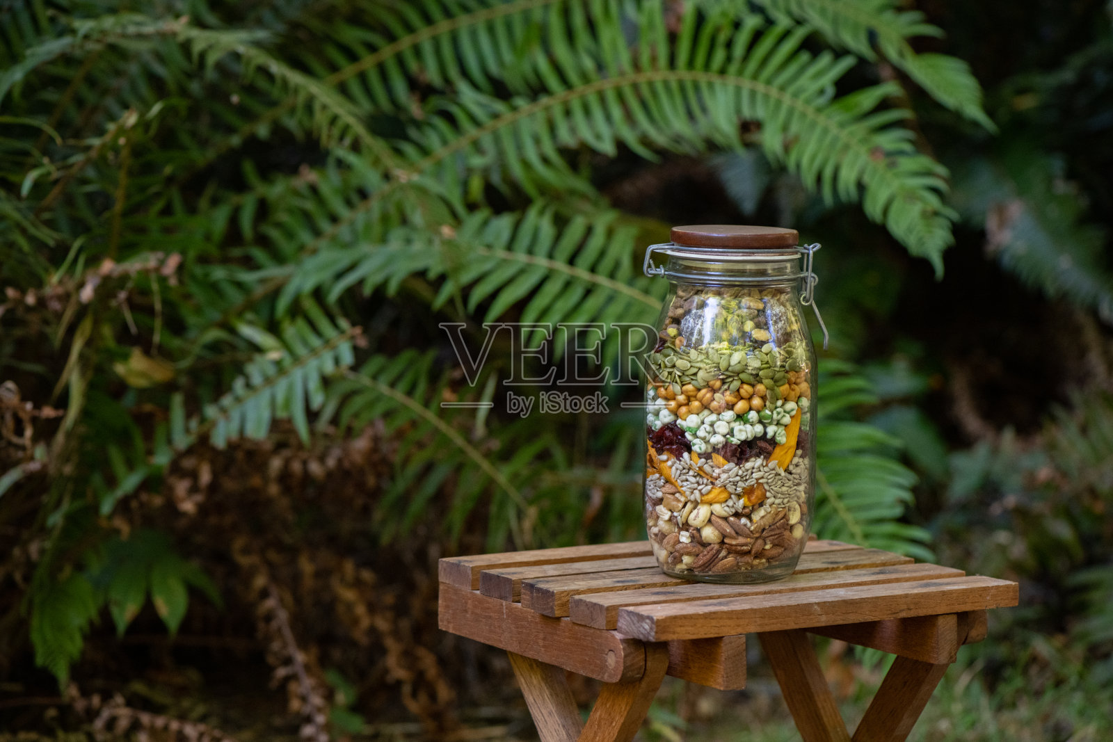 玻璃玻璃瓶装满自制的素食Trail混合户外在美国加州照片摄影图片