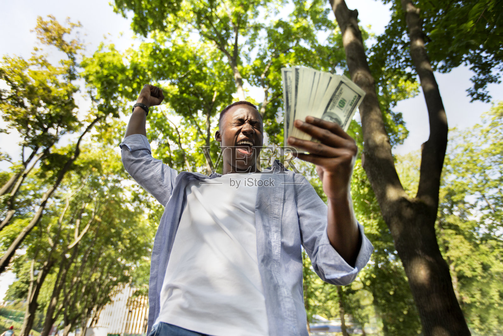 赢得彩票。英俊的黑人拿着钞票在公园庆祝成功照片摄影图片
